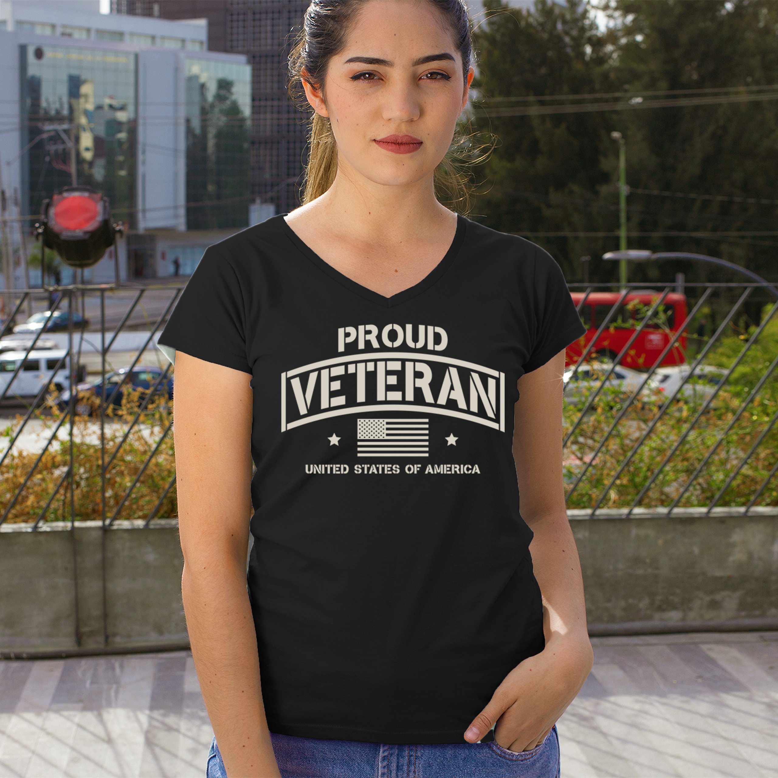 Proud Veteran Women's V-Neck T-shirt Veteran's Day Military American Flag Tee - Picture 5 of 36