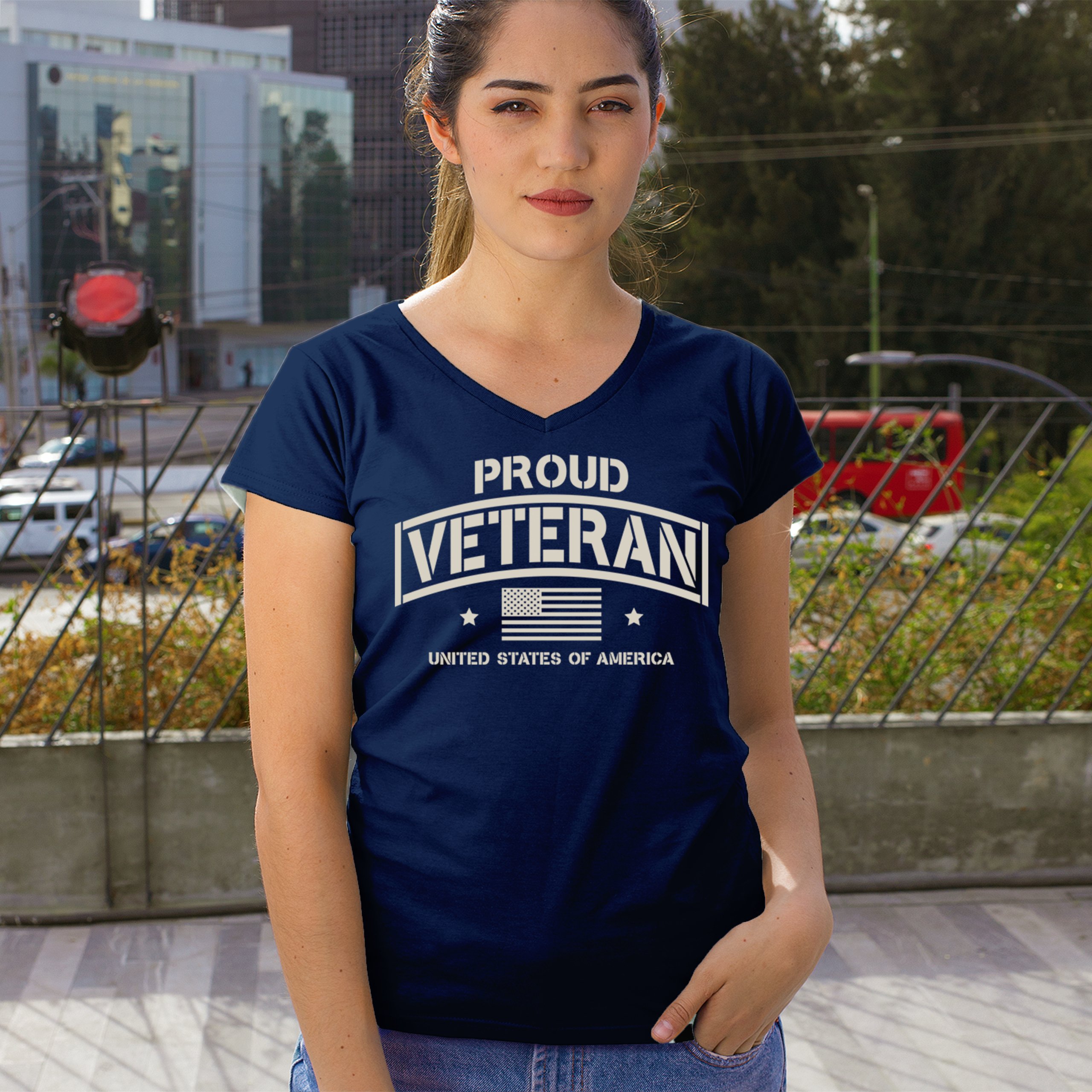 Proud Veteran Women's V-Neck T-shirt Veteran's Day Military American Flag Tee - Picture 26 of 36