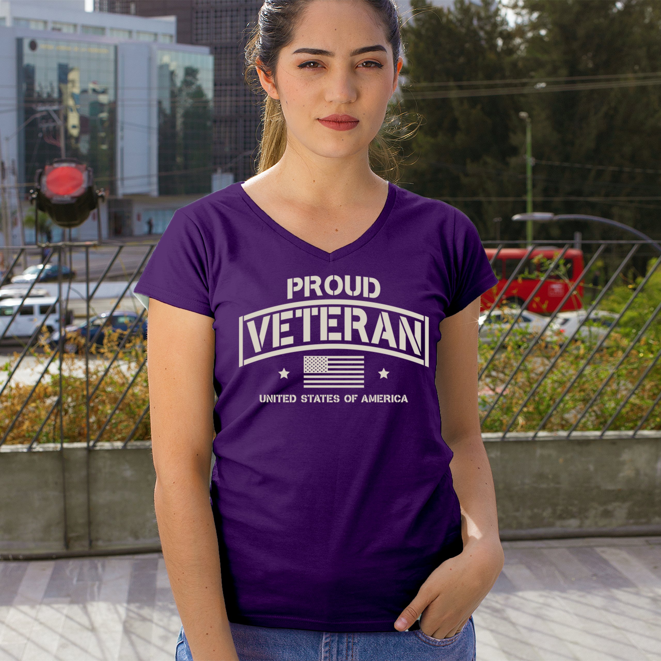 Proud Veteran Women's V-Neck T-shirt Veteran's Day Military American Flag Tee - Picture 12 of 36