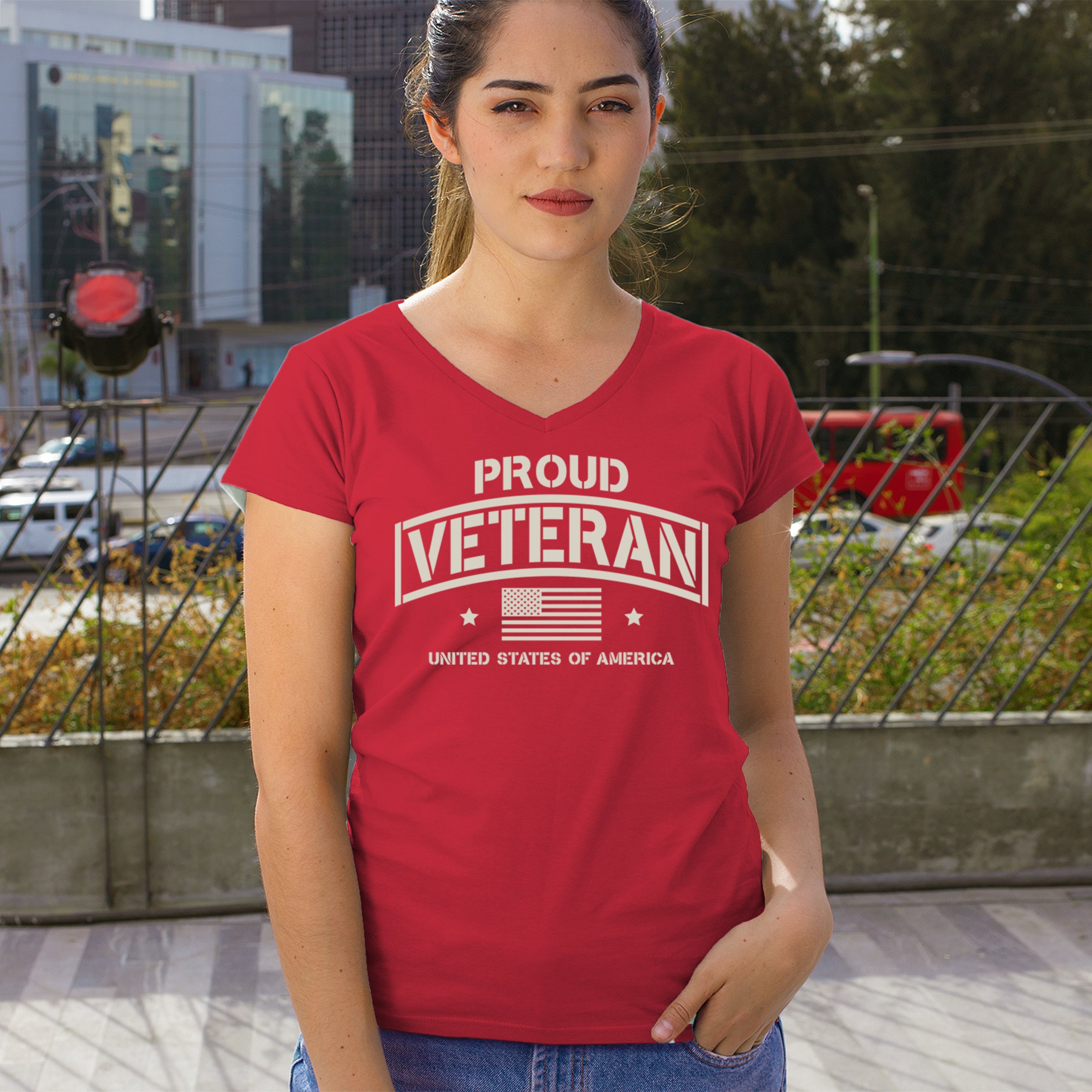 Proud Veteran Women's V-Neck T-shirt Veteran's Day Military American Flag Tee - Picture 19 of 36