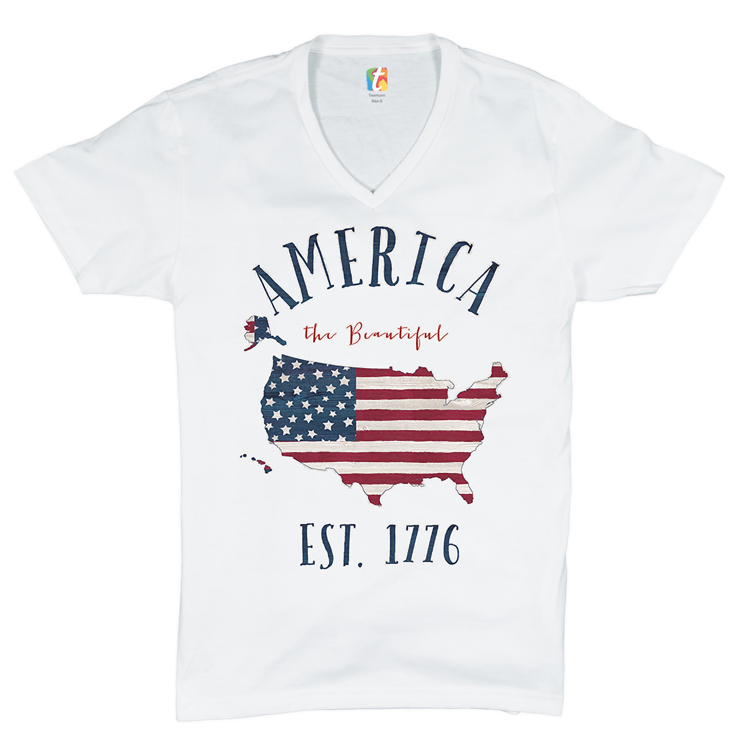 America the Beautiful Est. 1776 V-Neck T-shirt Patriotic 4th of July USA Tee - Picture 2 of 5