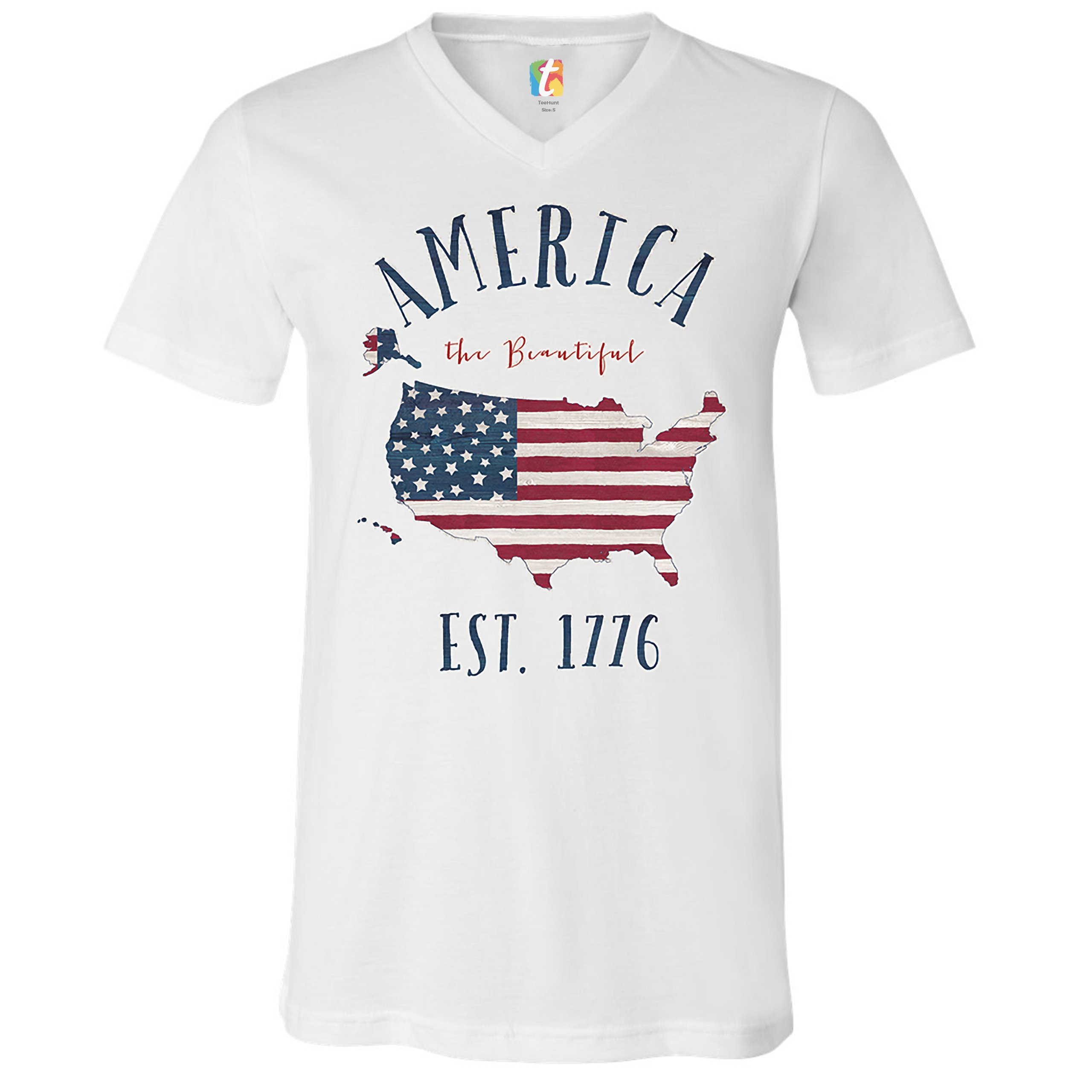 America the Beautiful Est. 1776 V-Neck T-shirt Patriotic 4th of July USA Tee - Picture 3 of 5
