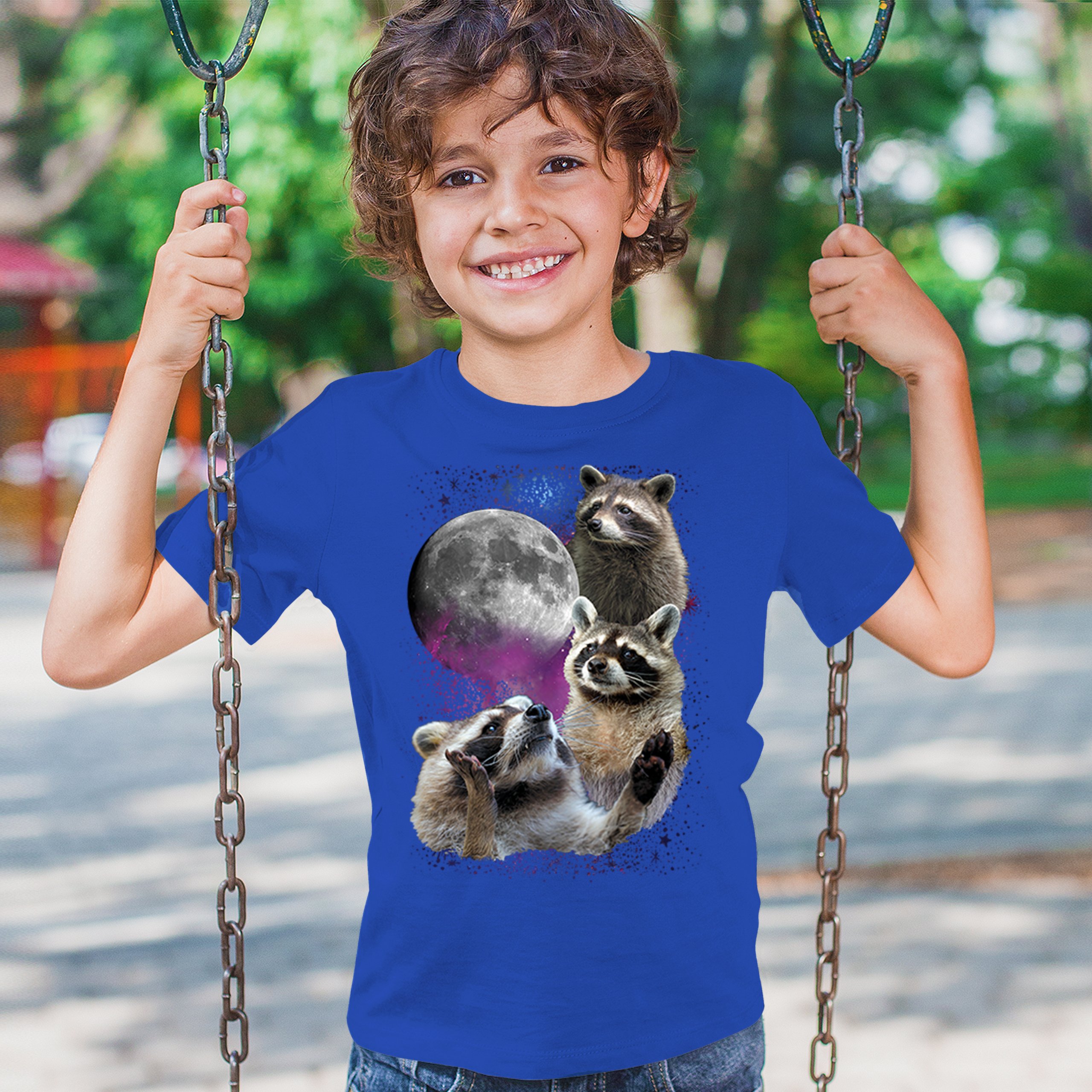 Racoons Howling at the Moon Youth T-shirt Funny Wildlife Animal in Space Kids - Picture 40 of 50
