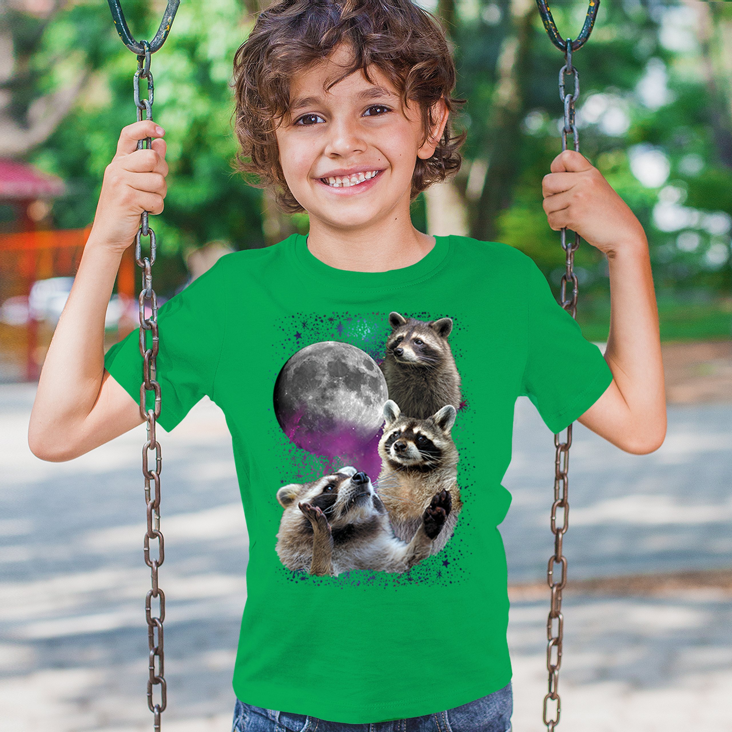 Racoons Howling at the Moon Youth T-shirt Funny Wildlife Animal in Space Kids - Picture 33 of 50