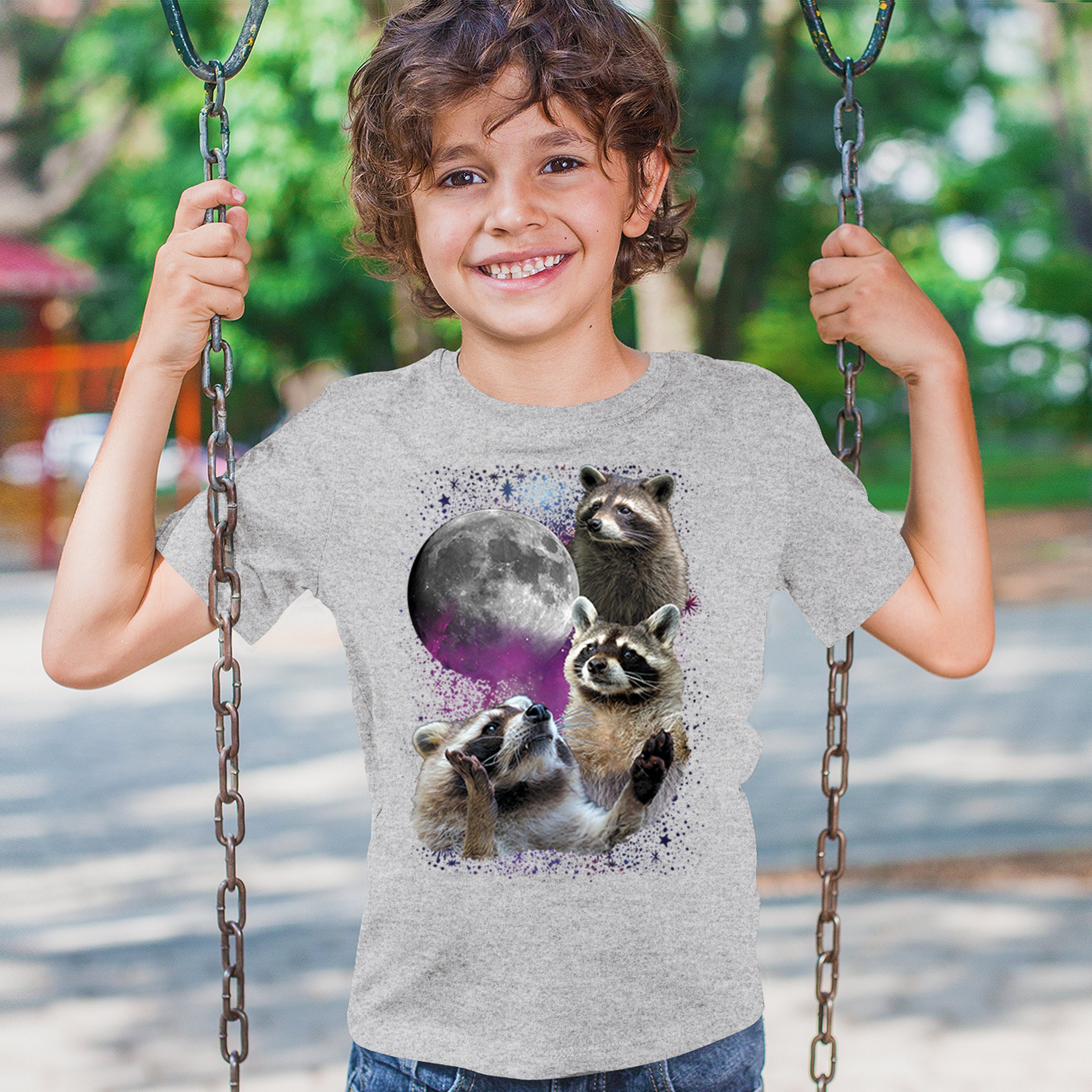 Racoons Howling at the Moon Youth T-shirt Funny Wildlife Animal in Space Kids - Picture 12 of 50