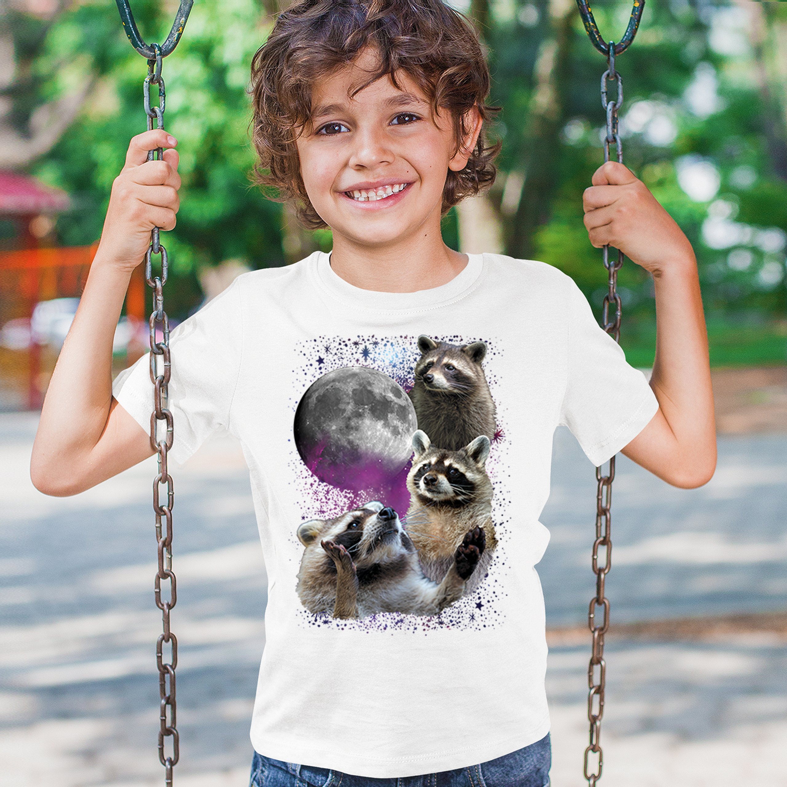 Racoons Howling at the Moon Youth T-shirt Funny Wildlife Animal in Space Kids - Picture 26 of 50