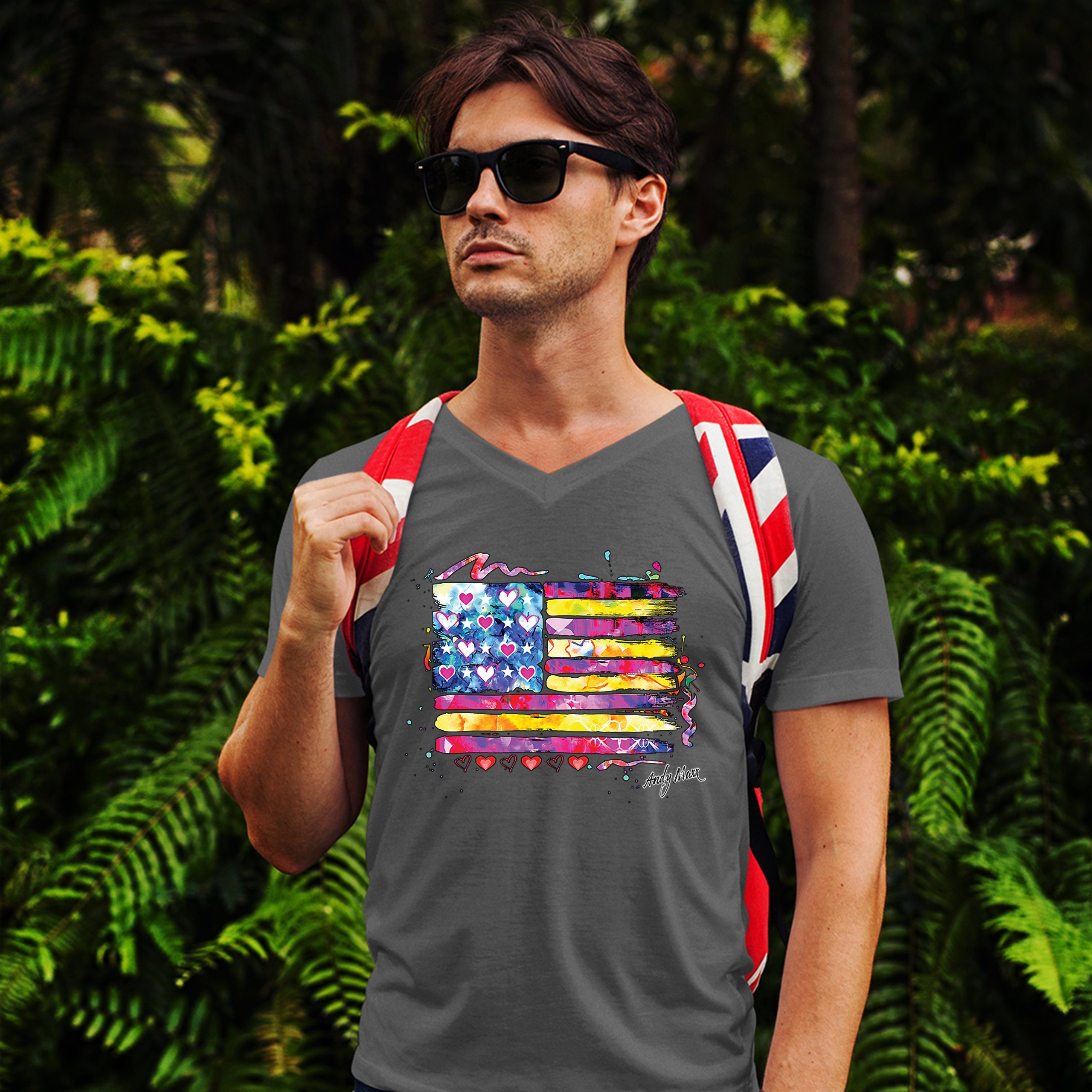 Colorful American Flag V-Neck T-shirt Patriotic 4th of July Independence Tee - Picture 17 of 17
