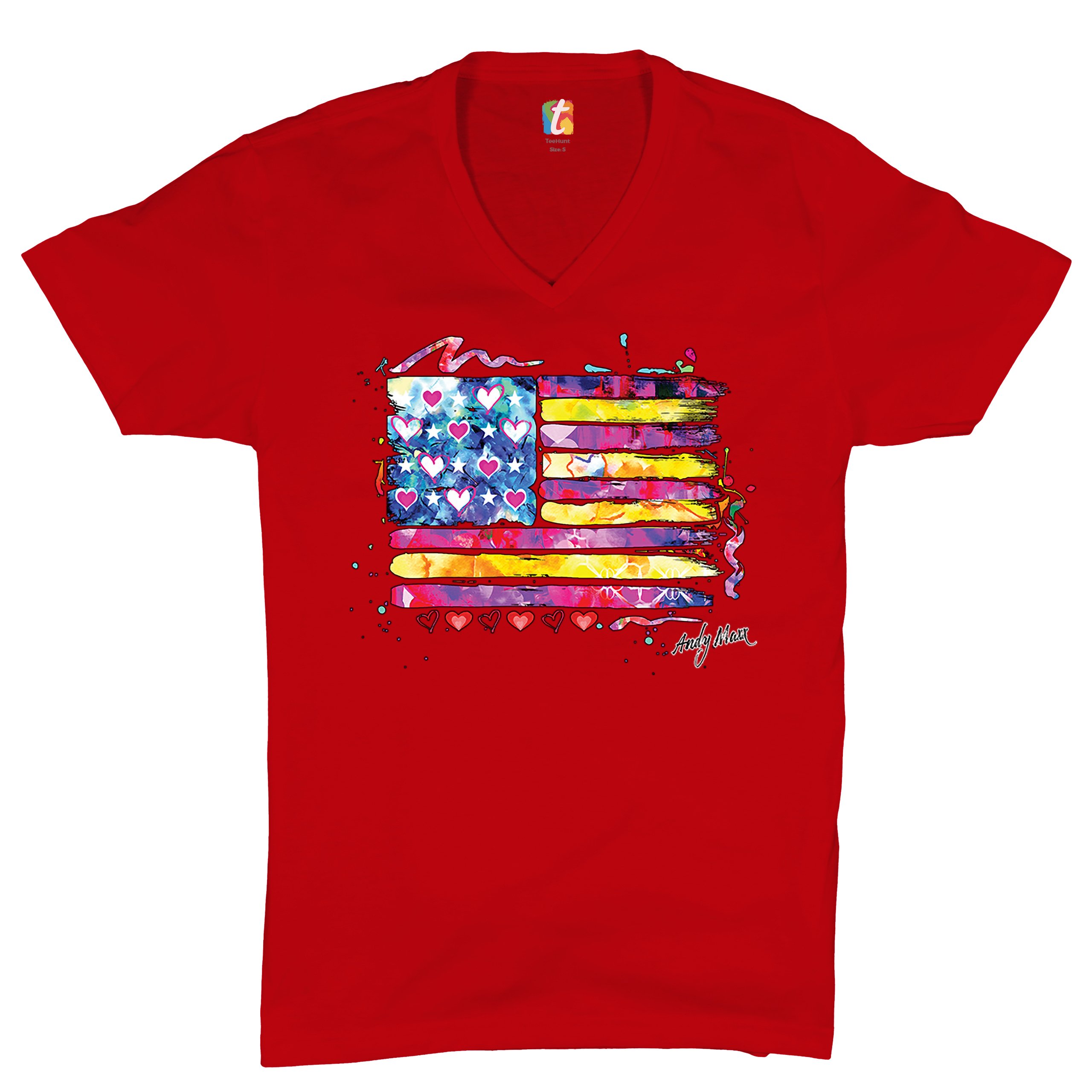 Colorful American Flag V-Neck T-shirt Patriotic 4th of July Independence Tee - Picture 6 of 17
