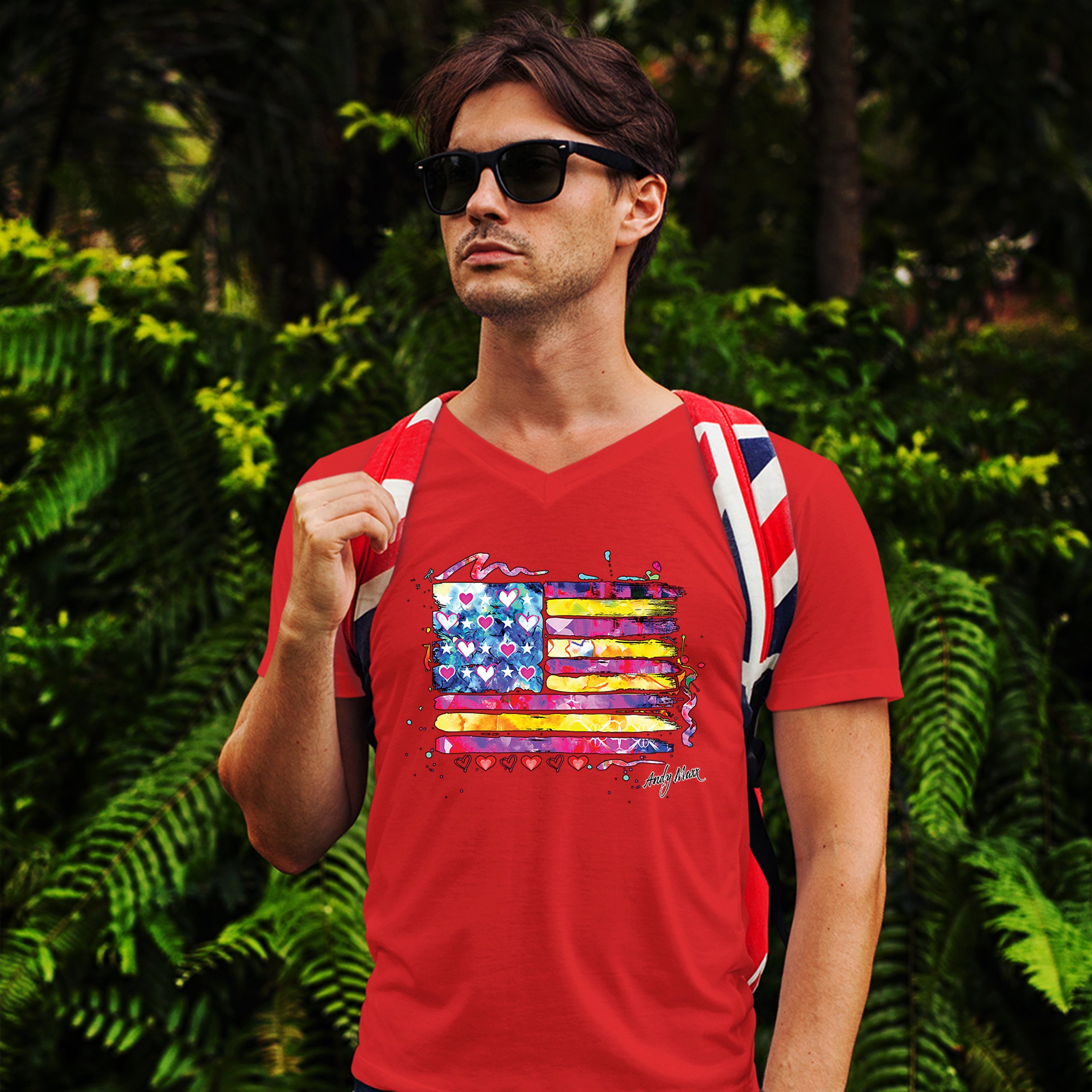 Colorful American Flag V-Neck T-shirt Patriotic 4th of July Independence Tee - Picture 9 of 17