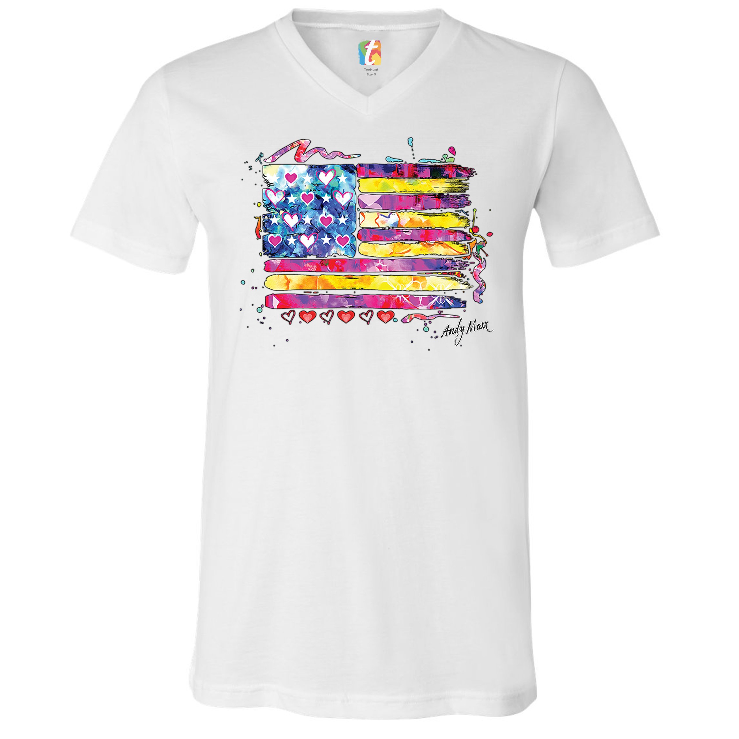Colorful American Flag V-Neck T-shirt Patriotic 4th of July Independence Tee - Picture 11 of 17