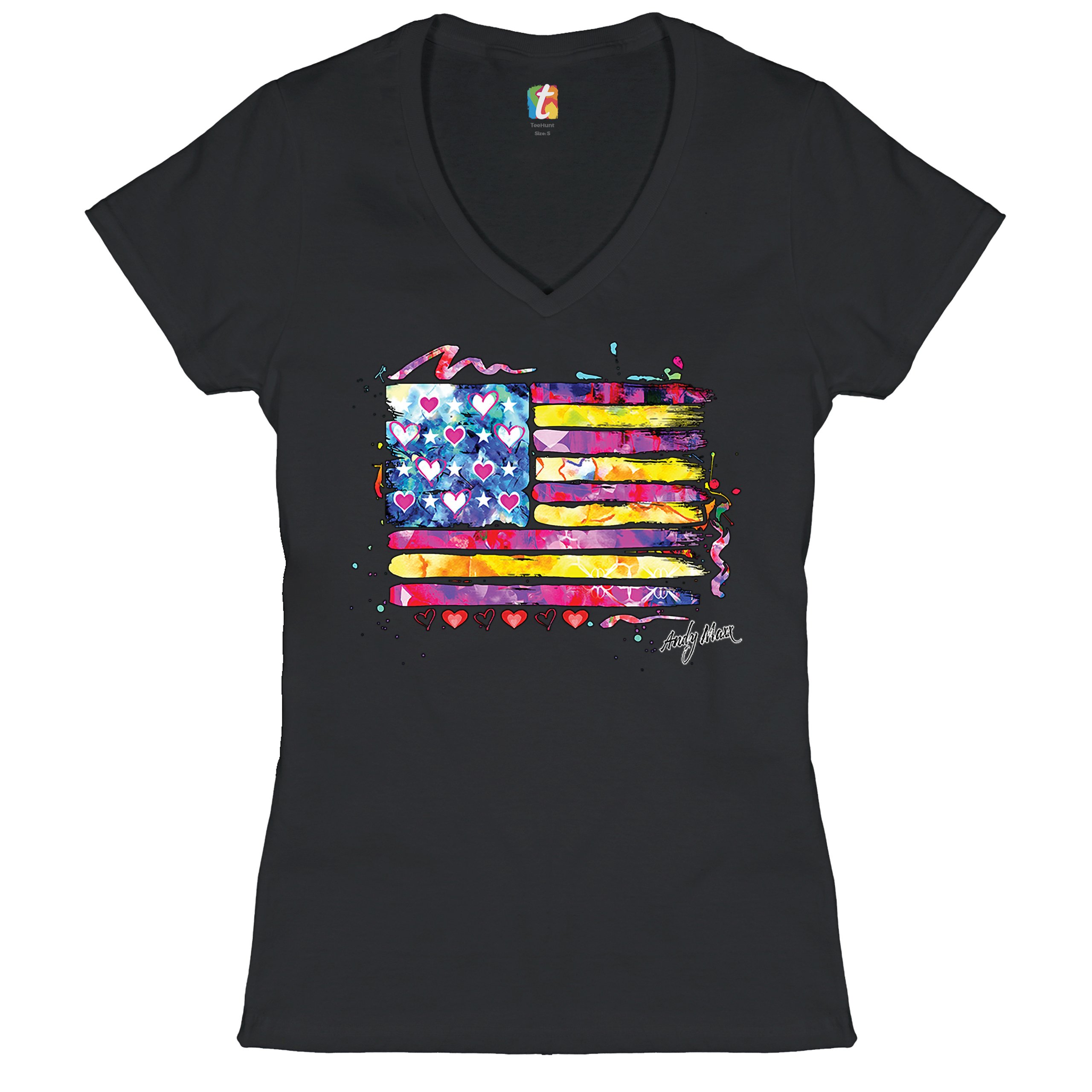 Colorful American Flag Women's V-Neck T-shirt Patriotic 4th of July USA Tee - Picture 2 of 41
