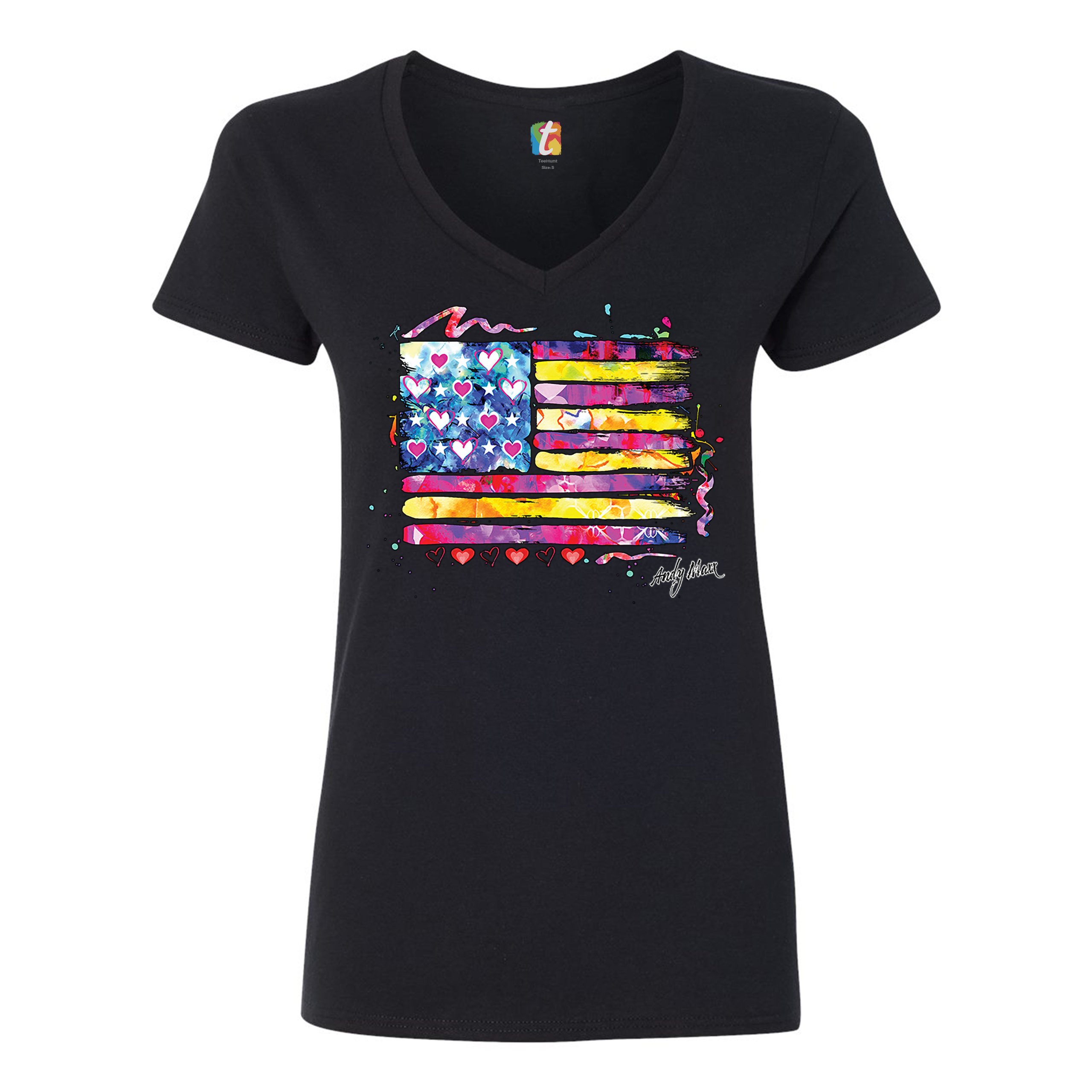 Colorful American Flag Women's V-Neck T-shirt Patriotic 4th of July USA Tee - Picture 3 of 41
