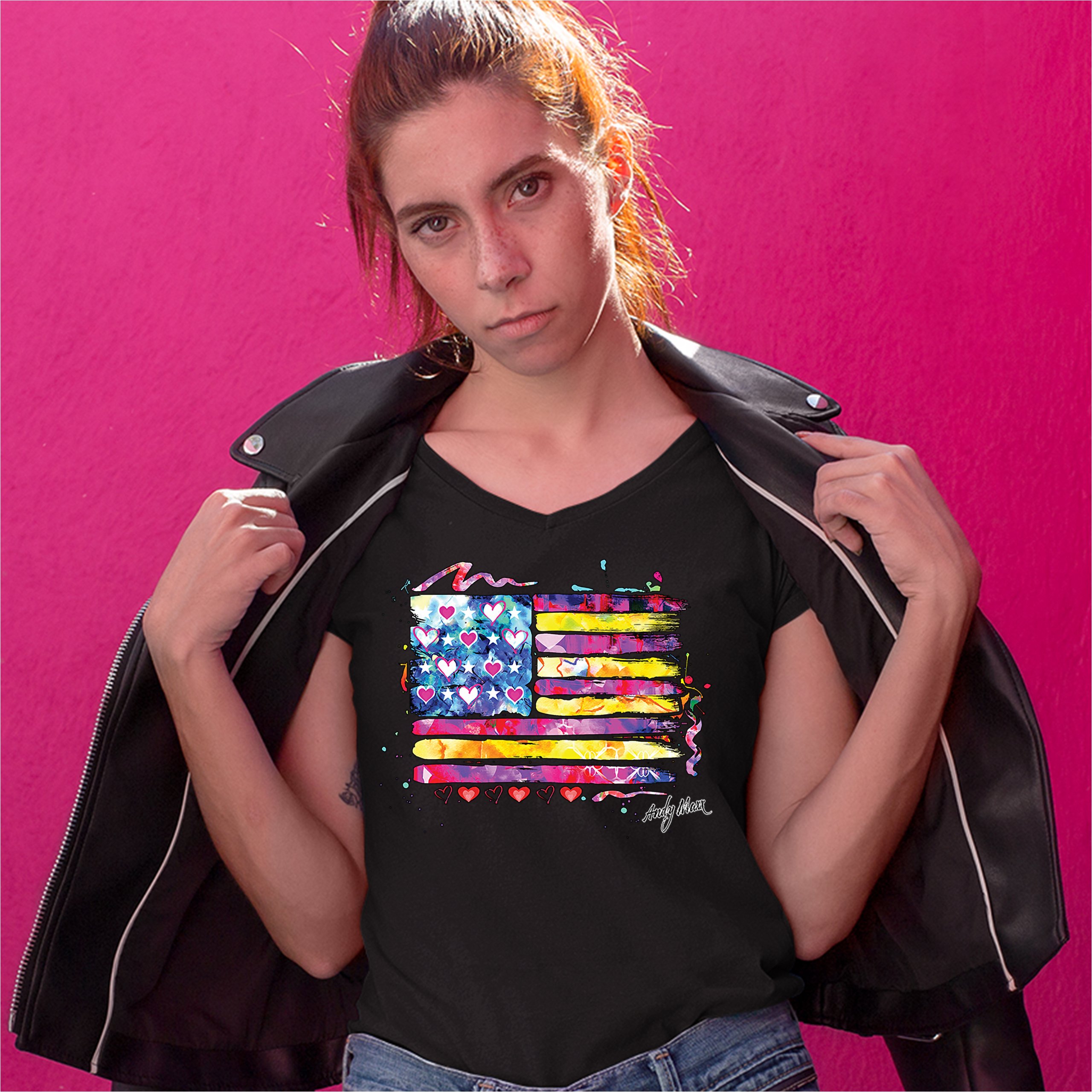 Colorful American Flag Women's V-Neck T-shirt Patriotic 4th of July USA Tee - Picture 5 of 41