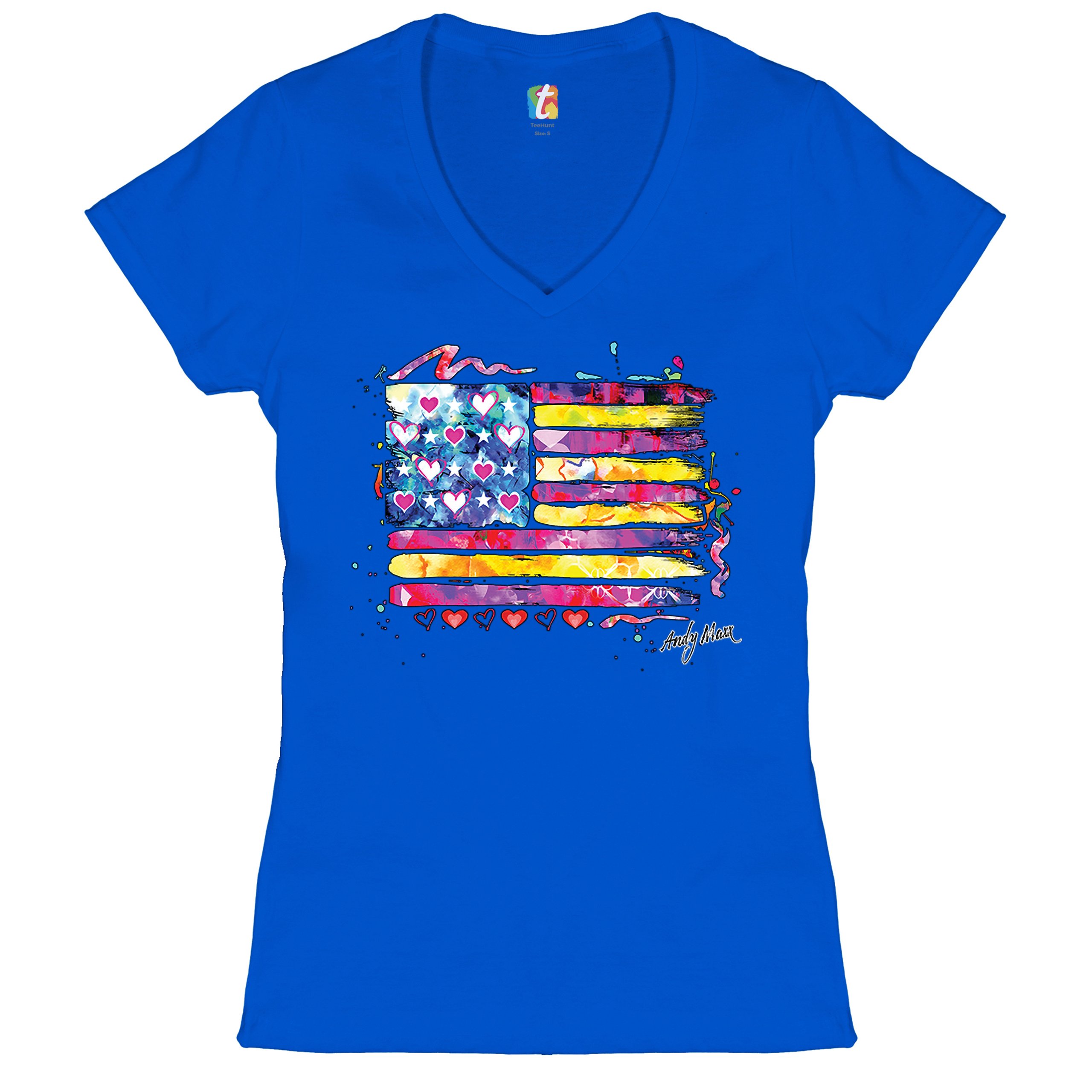 Colorful American Flag Women's V-Neck T-shirt Patriotic 4th of July USA Tee - Picture 30 of 41