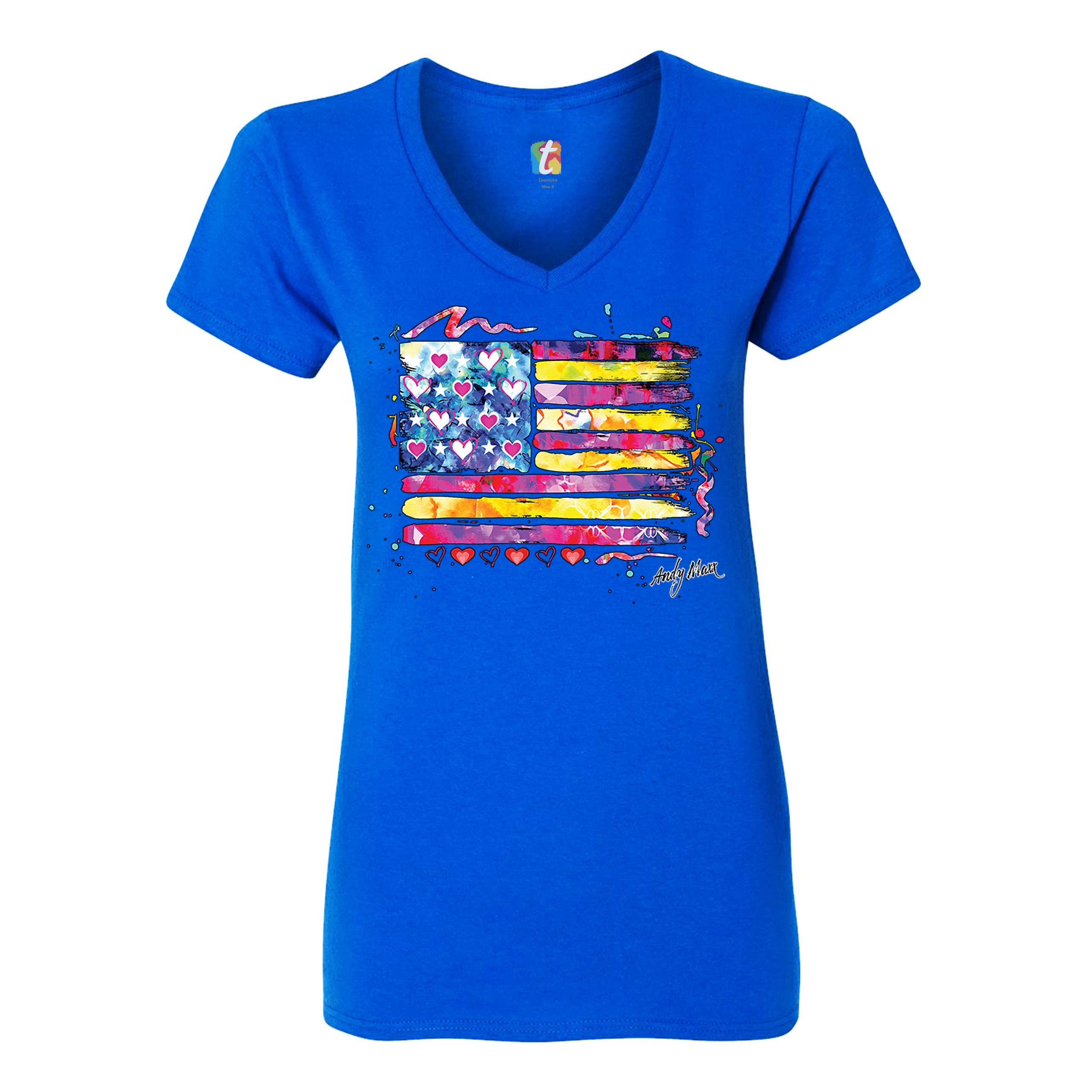 Colorful American Flag Women's V-Neck T-shirt Patriotic 4th of July USA Tee - Picture 31 of 41