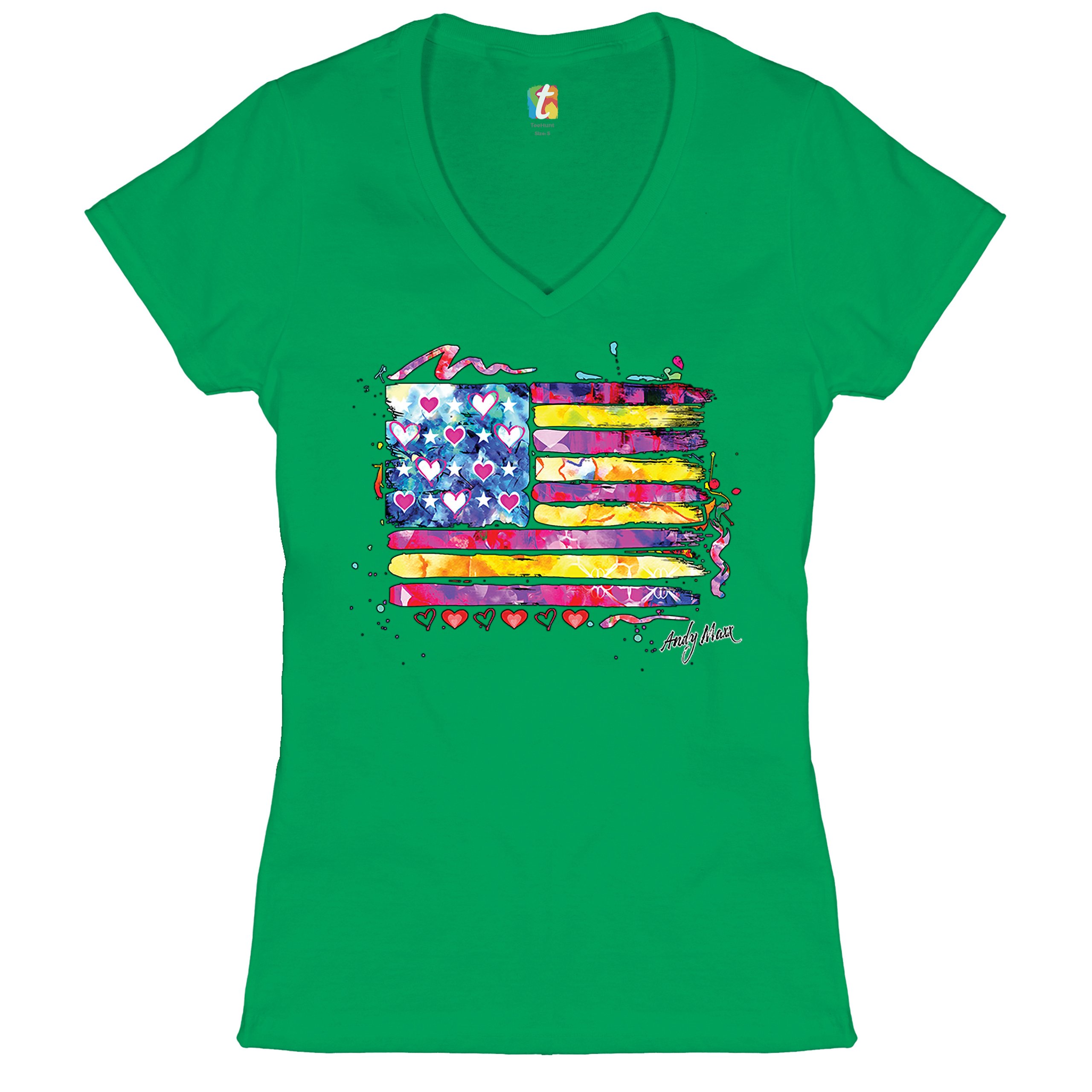 Colorful American Flag Women's V-Neck T-shirt Patriotic 4th of July USA Tee - Picture 26 of 41
