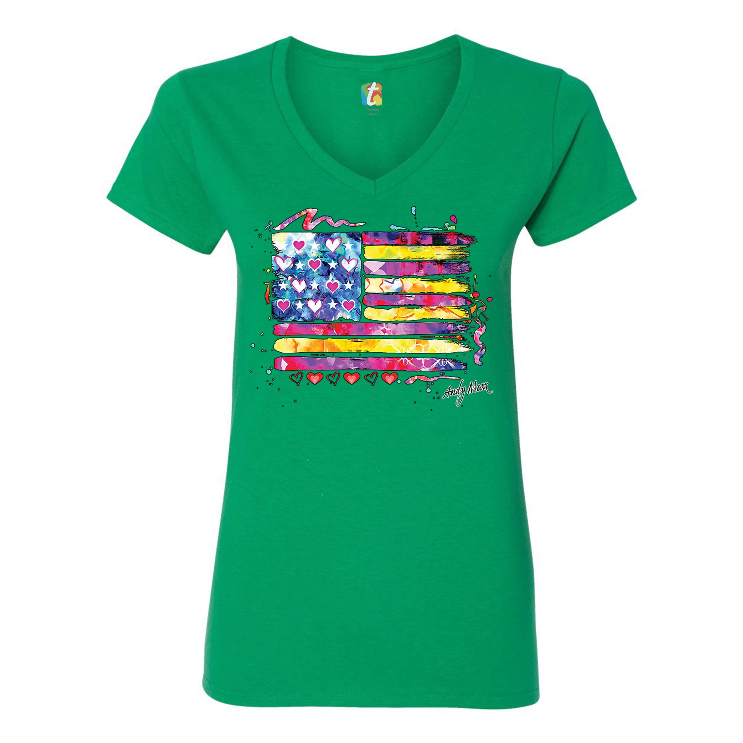 Colorful American Flag Women's V-Neck T-shirt Patriotic 4th of July USA Tee - Picture 27 of 41