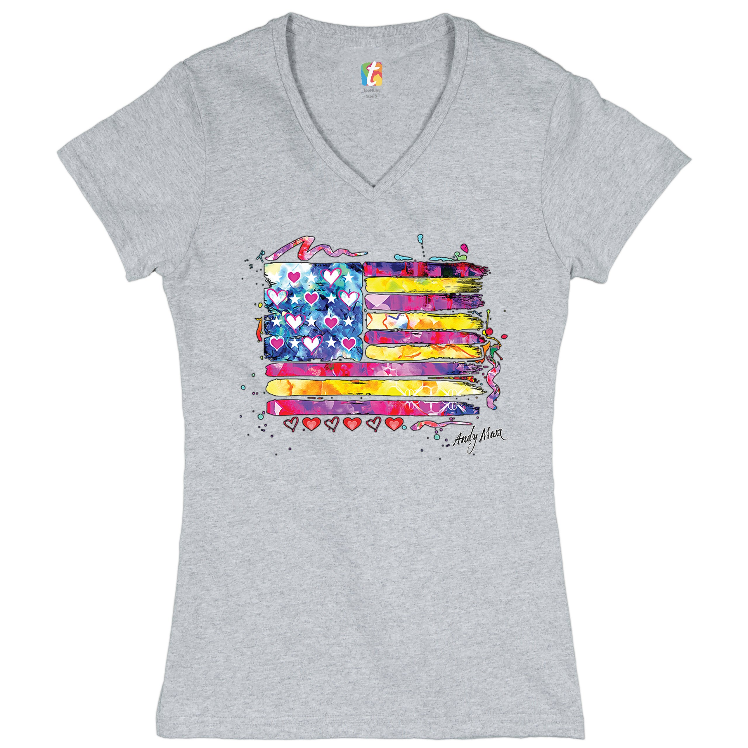 Colorful American Flag Women's V-Neck T-shirt Patriotic 4th of July USA Tee - Picture 6 of 41