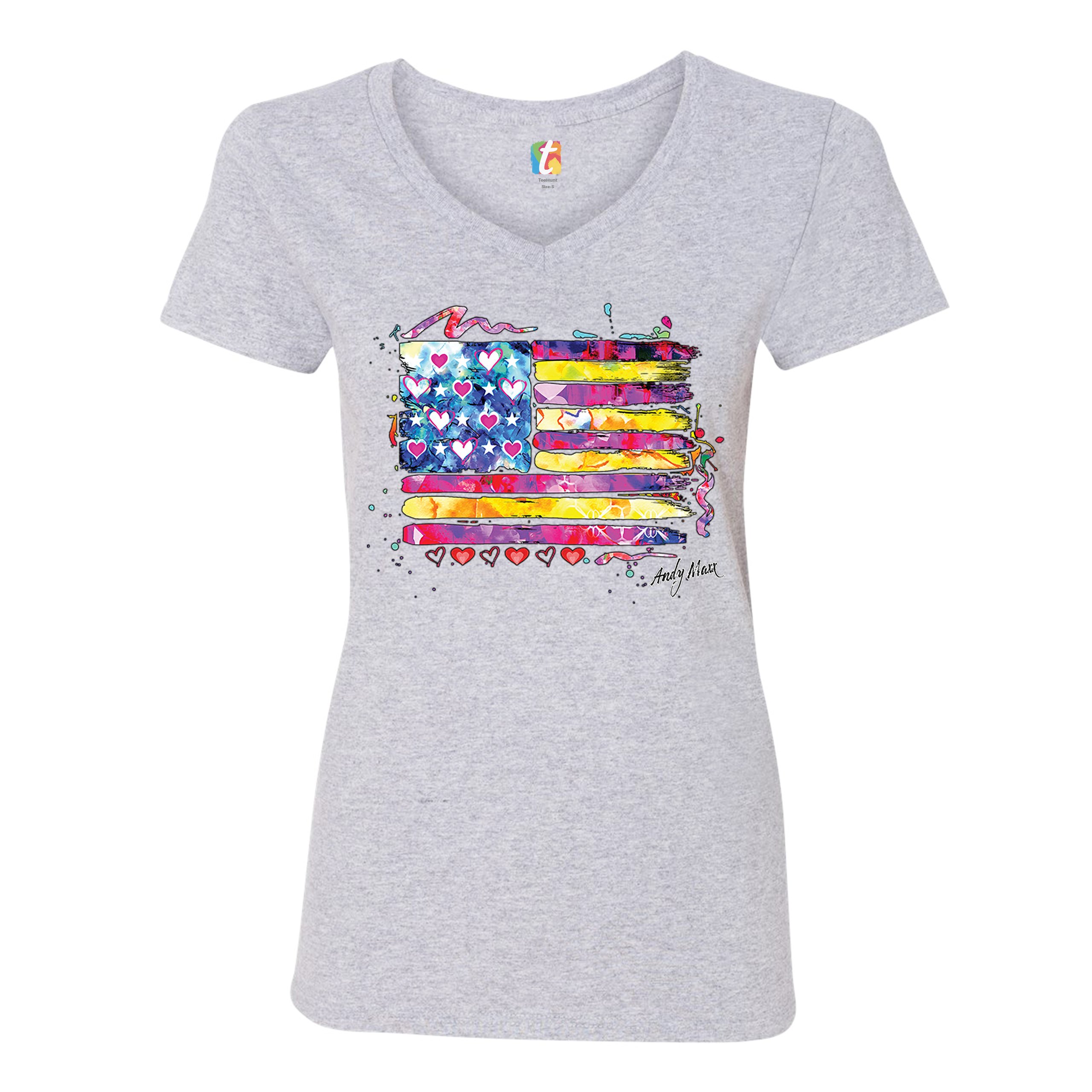 Colorful American Flag Women's V-Neck T-shirt Patriotic 4th of July USA Tee - Picture 7 of 41