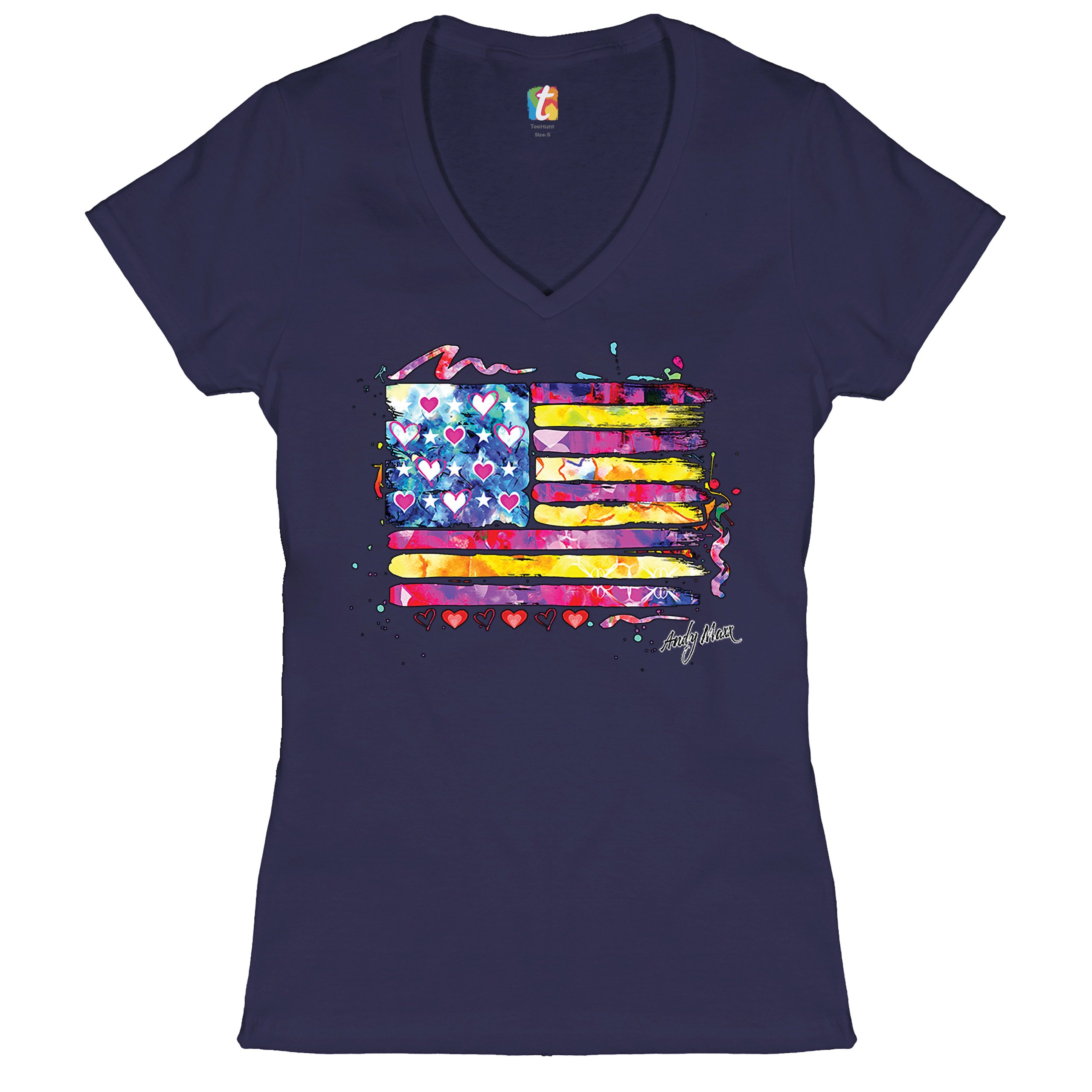 Colorful American Flag Women's V-Neck T-shirt Patriotic 4th of July USA Tee - Picture 22 of 41