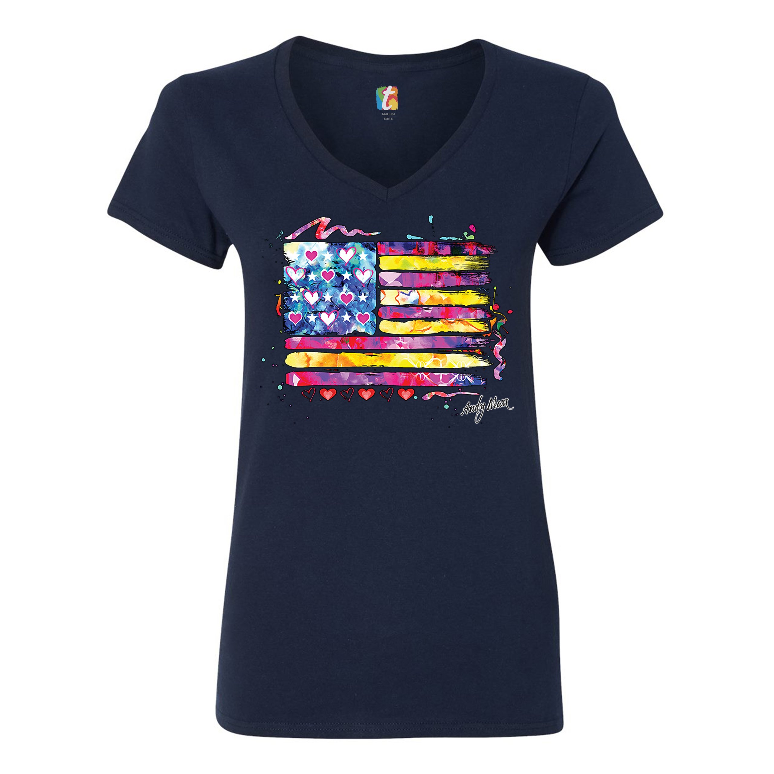 Colorful American Flag Women's V-Neck T-shirt Patriotic 4th of July USA Tee - Picture 23 of 41
