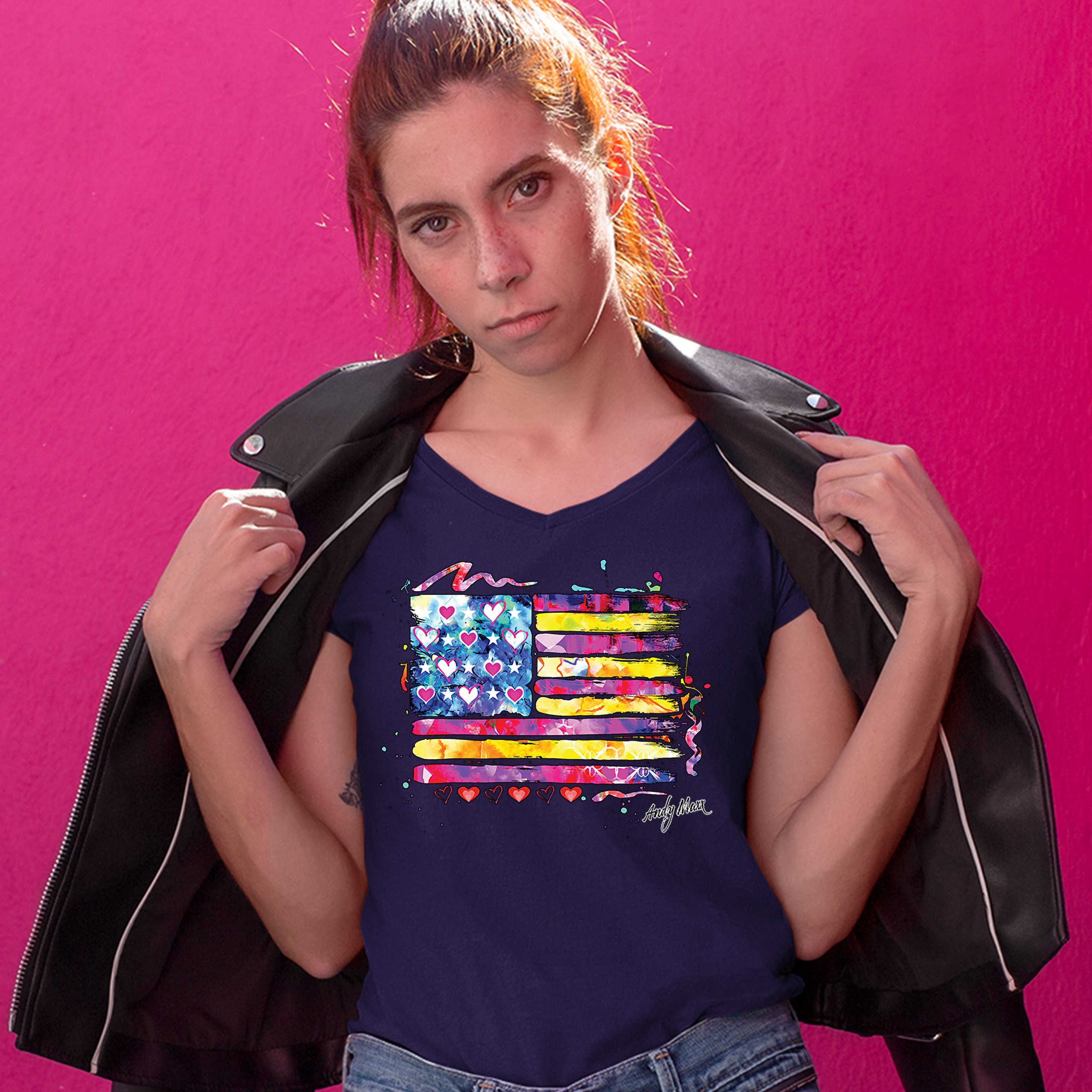 Colorful American Flag Women's V-Neck T-shirt Patriotic 4th of July USA Tee - Picture 25 of 41