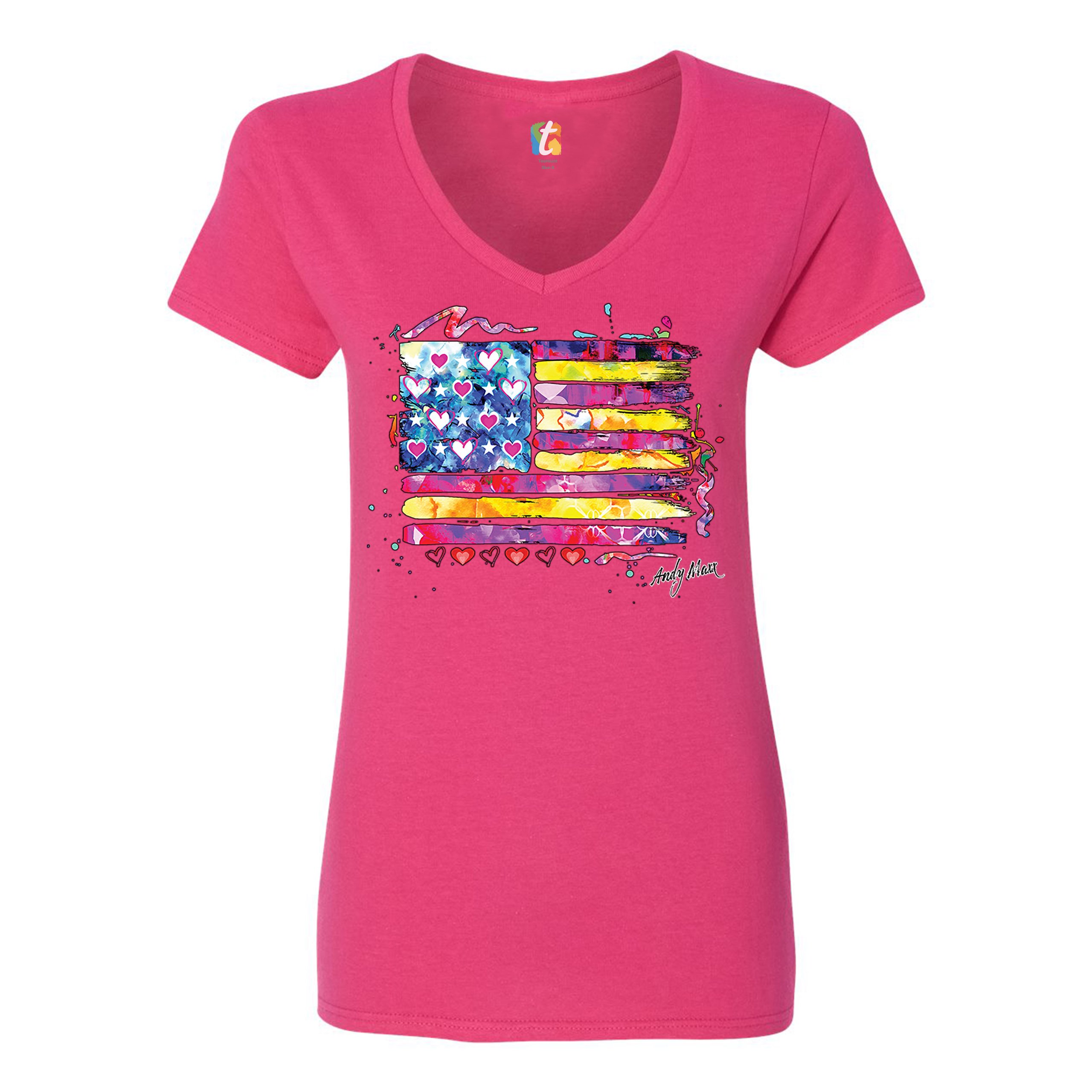 Colorful American Flag Women's V-Neck T-shirt Patriotic 4th of July USA Tee - Picture 35 of 41