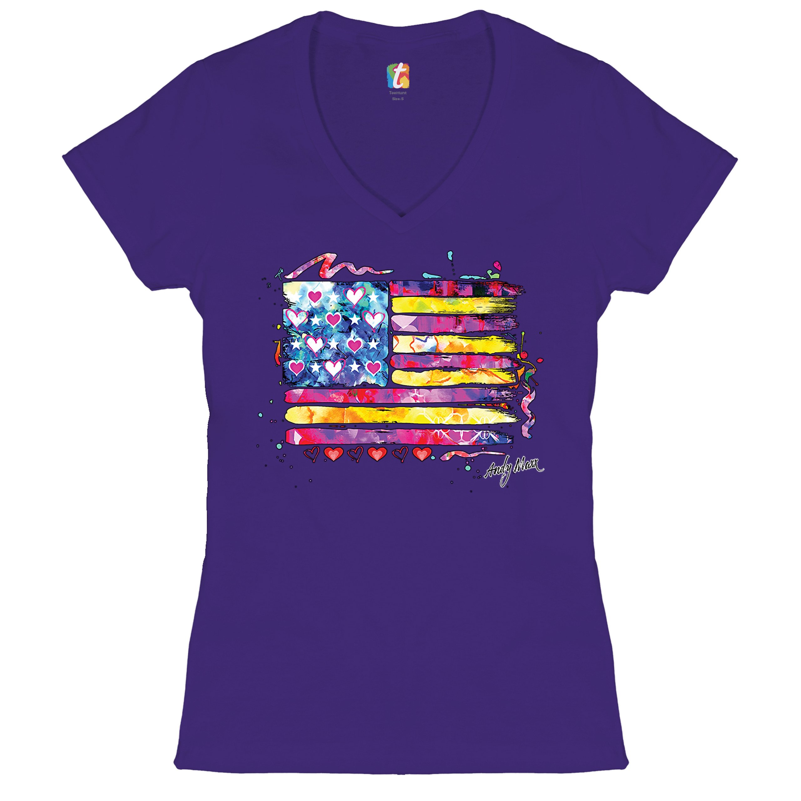 Colorful American Flag Women's V-Neck T-shirt Patriotic 4th of July USA Tee - Picture 10 of 41