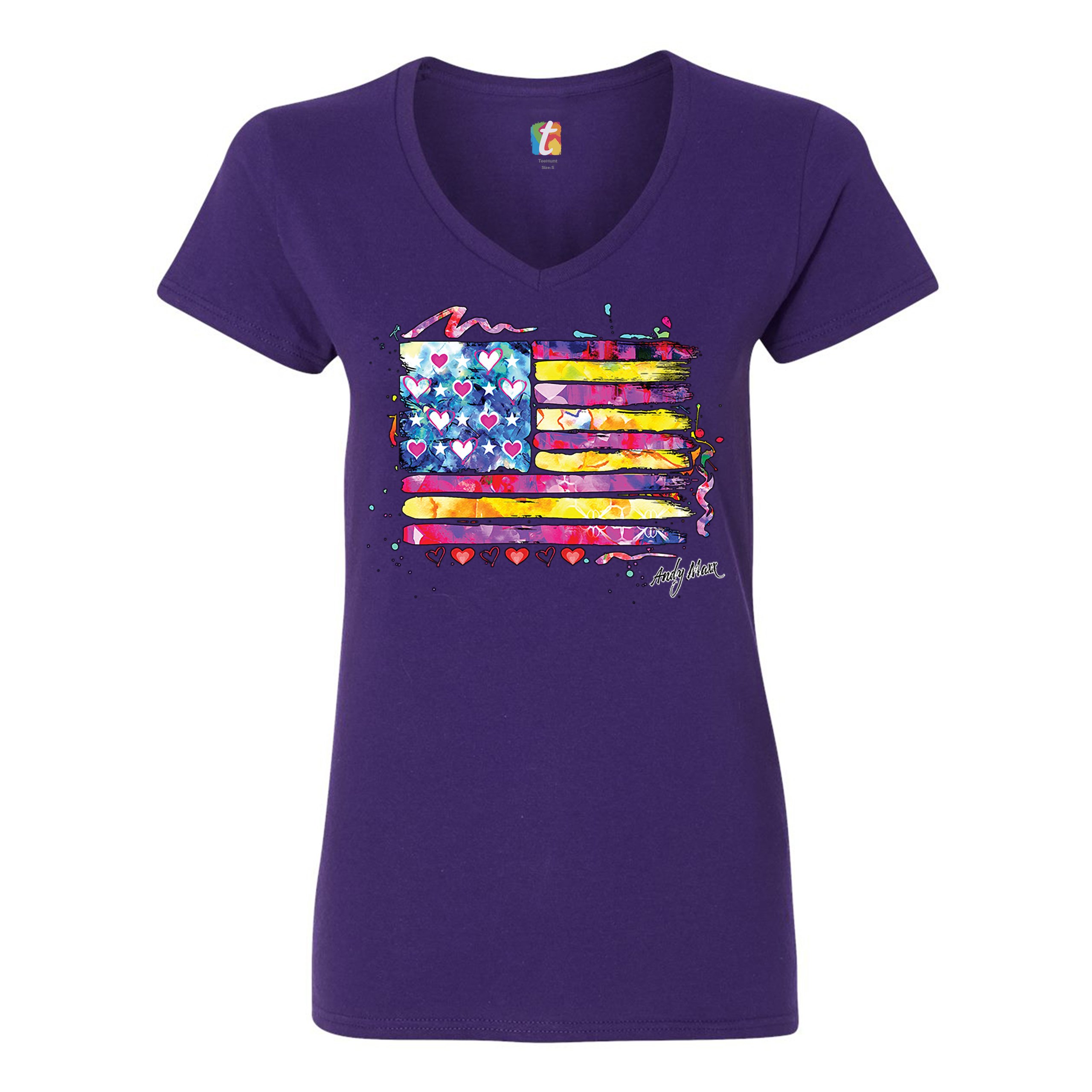 Colorful American Flag Women's V-Neck T-shirt Patriotic 4th of July USA Tee - Picture 11 of 41