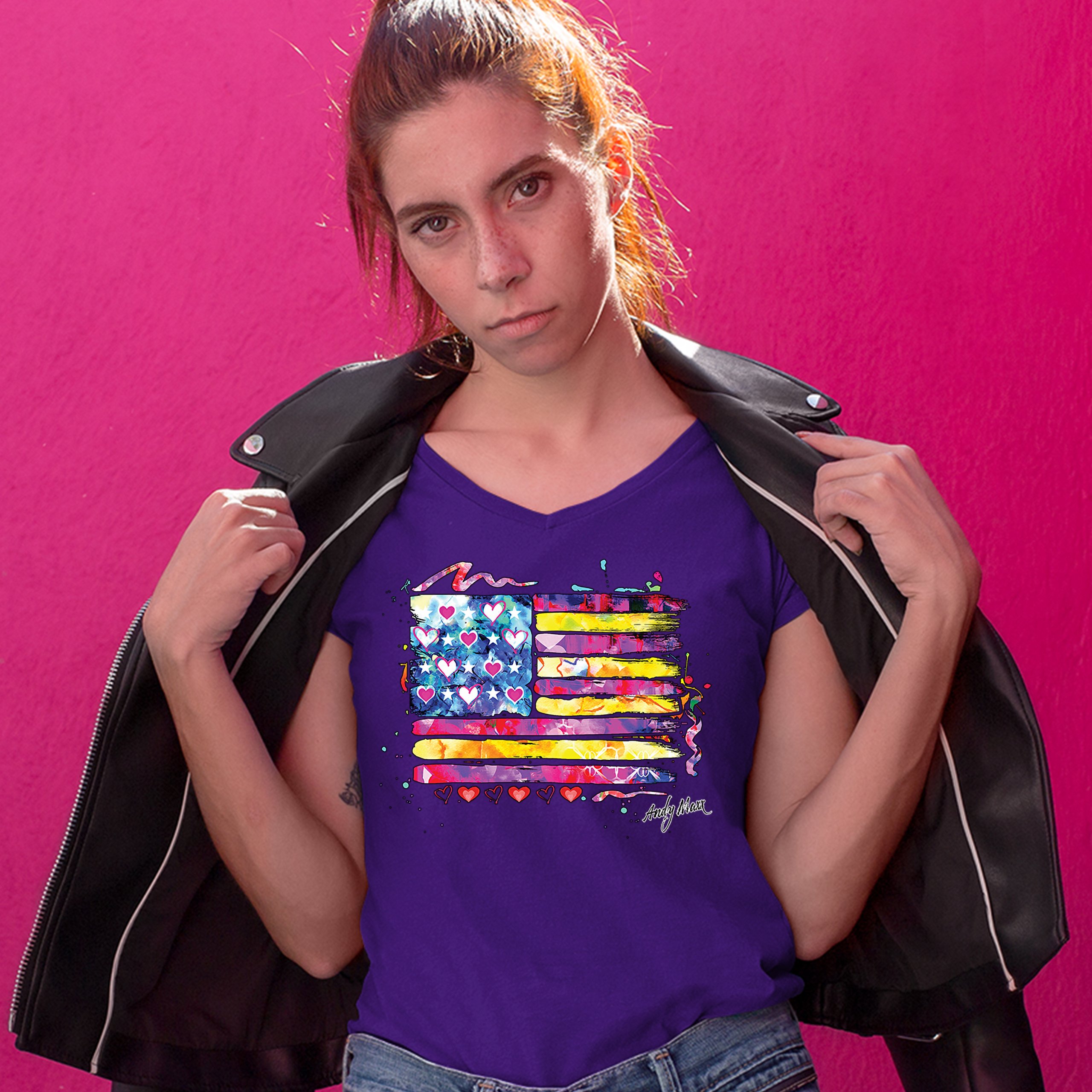 Colorful American Flag Women's V-Neck T-shirt Patriotic 4th of July USA Tee - Picture 13 of 41
