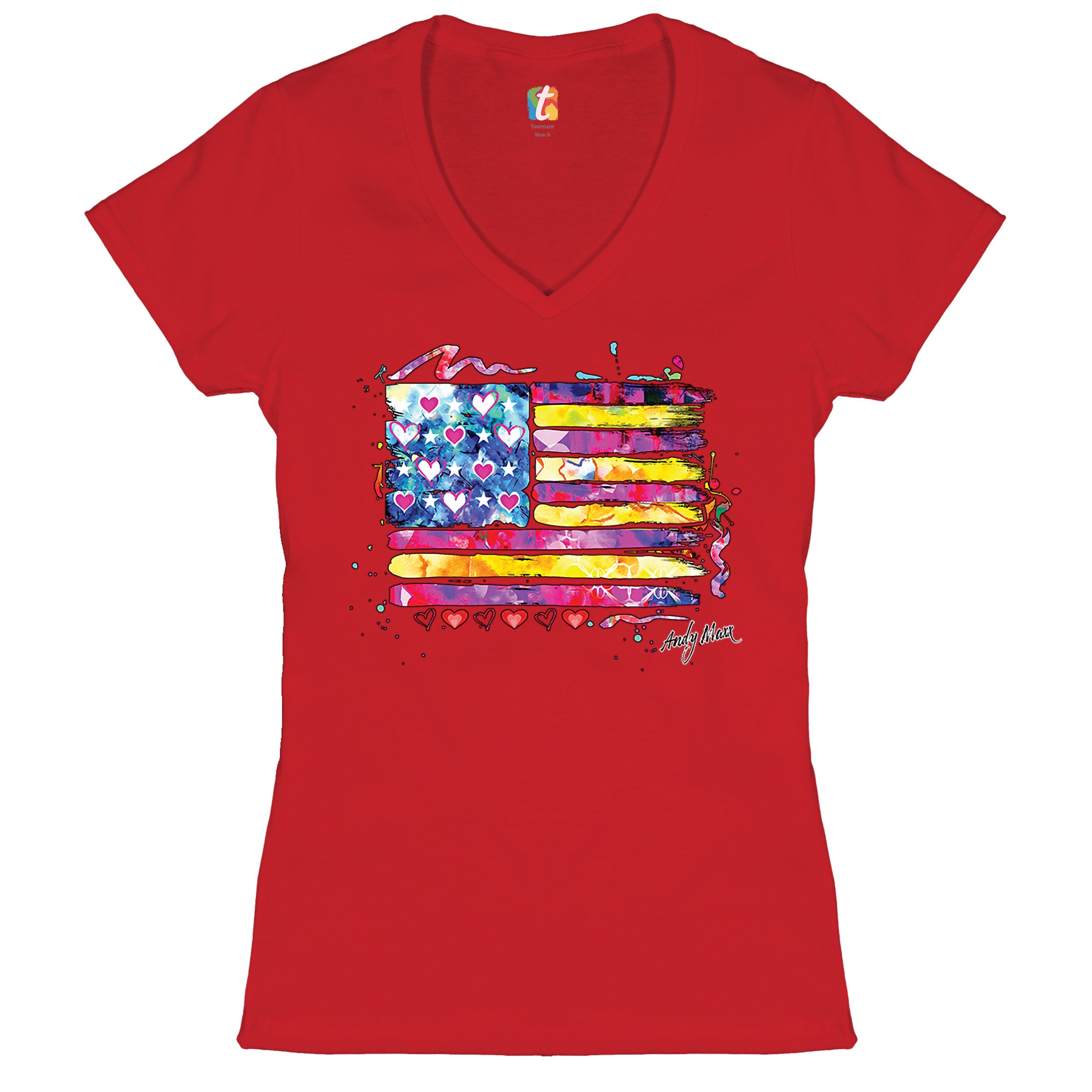 Colorful American Flag Women's V-Neck T-shirt Patriotic 4th of July USA Tee - Picture 14 of 41