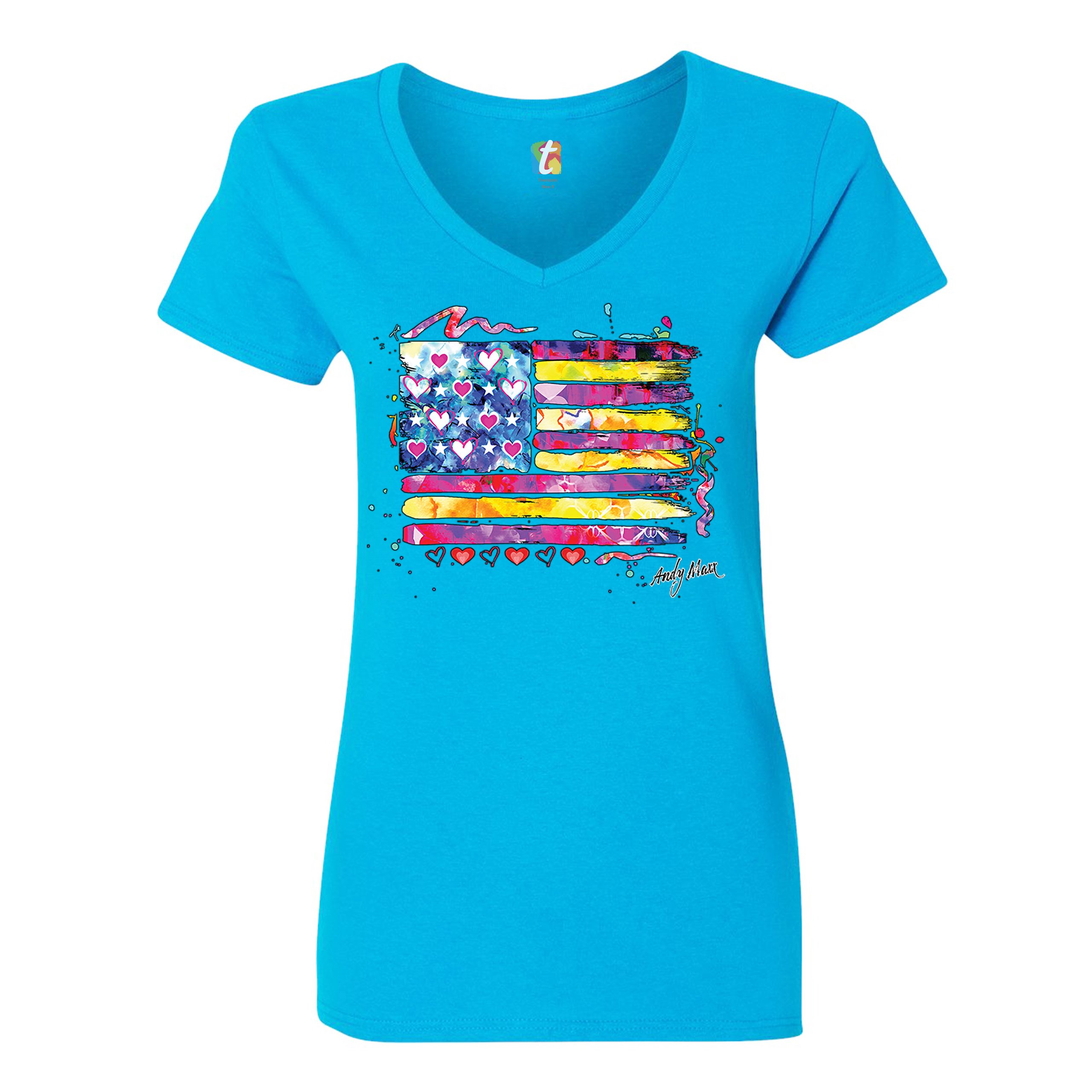 Colorful American Flag Women's V-Neck T-shirt Patriotic 4th of July USA Tee - Picture 39 of 41