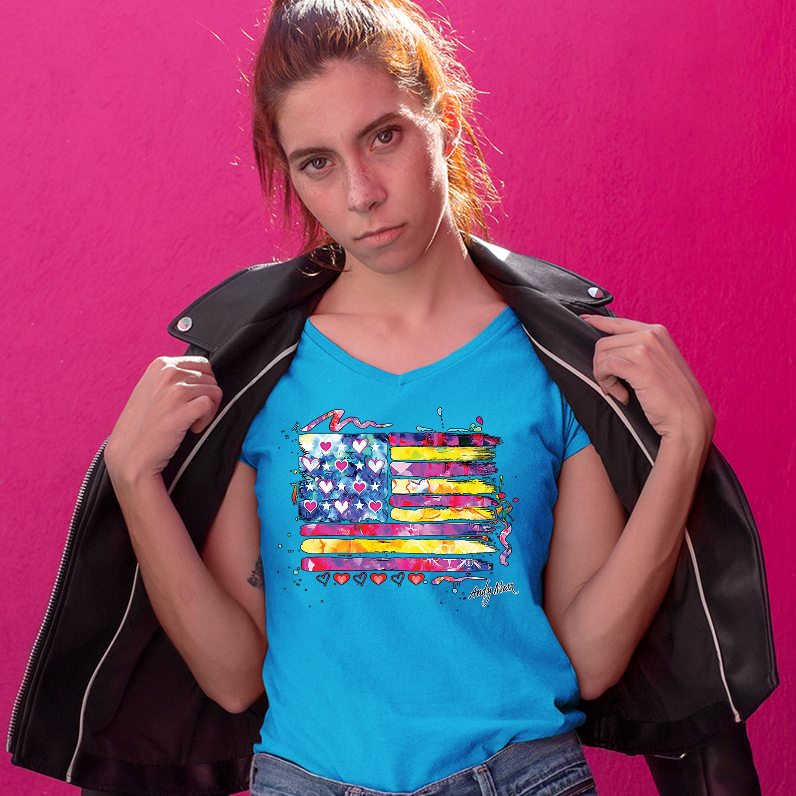 Colorful American Flag Women's V-Neck T-shirt Patriotic 4th of July USA Tee - Picture 41 of 41