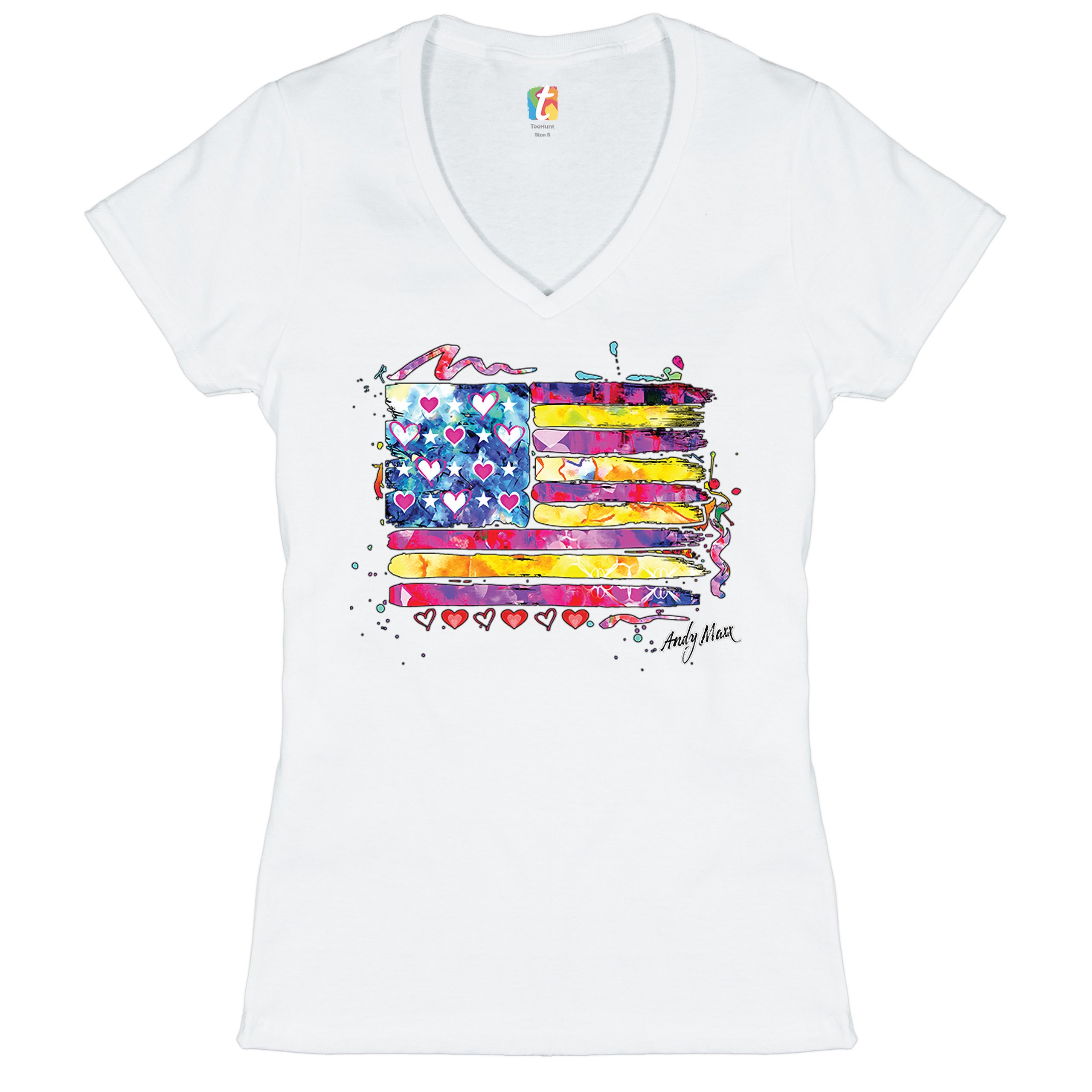 Colorful American Flag Women's V-Neck T-shirt Patriotic 4th of July USA Tee - Picture 18 of 41