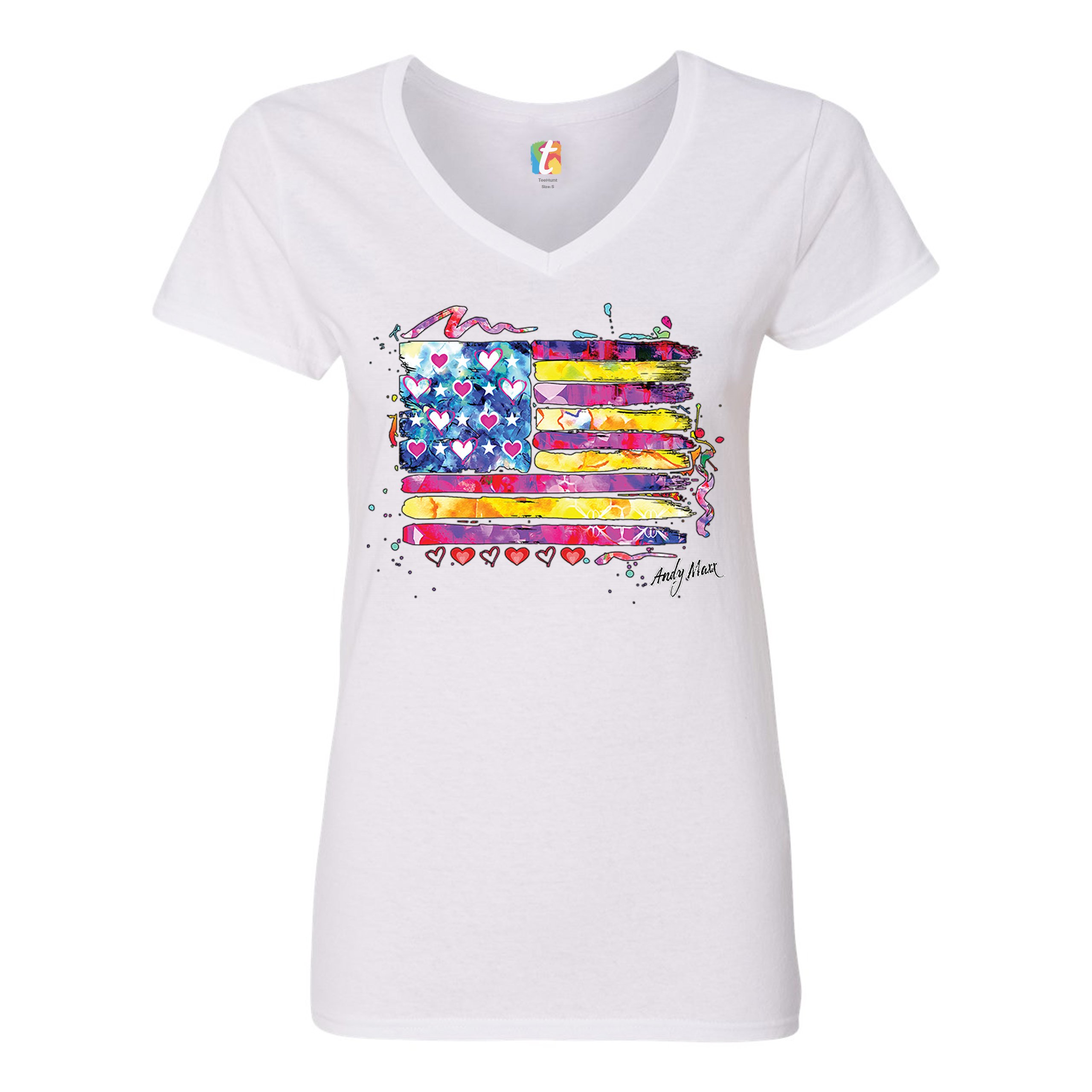 Colorful American Flag Women's V-Neck T-shirt Patriotic 4th of July USA Tee - Picture 19 of 41