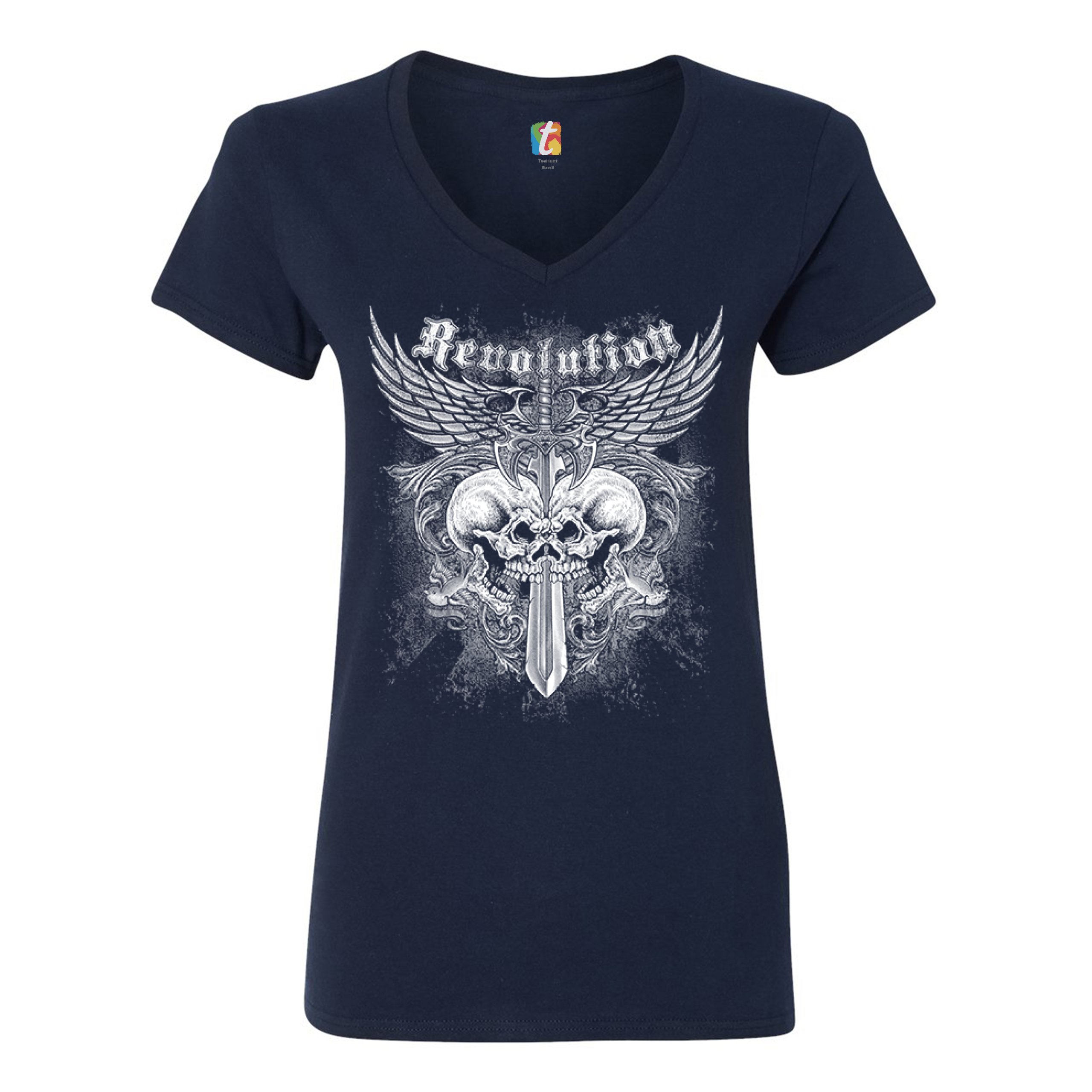 Revolution Gothic Skulls Women's V-Neck T-shirt Angel Wings Skeleton ...