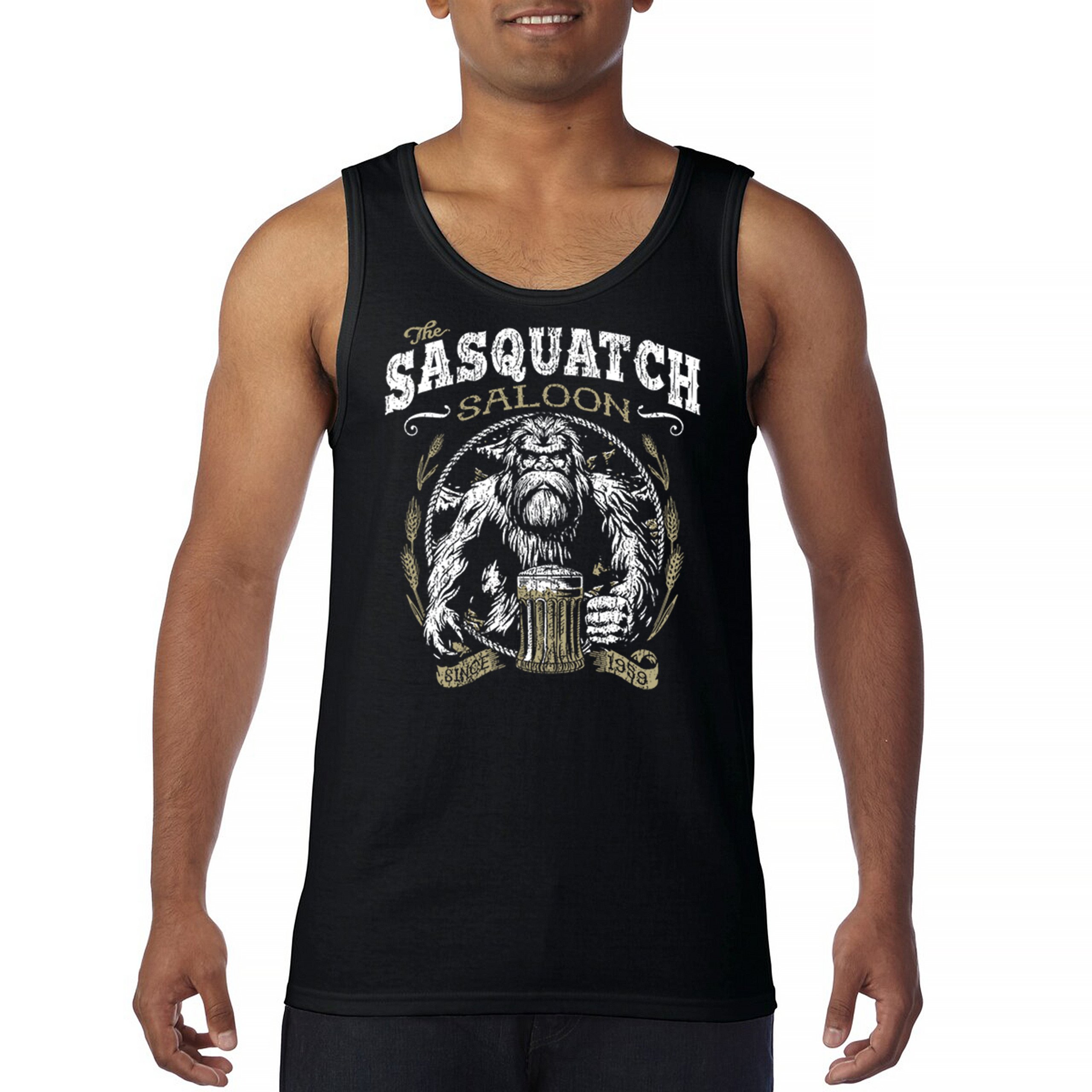 The Sasquatch Saloon Tank Top Funny Bigfoot Beer Drinking Party Yeti Men’s Top