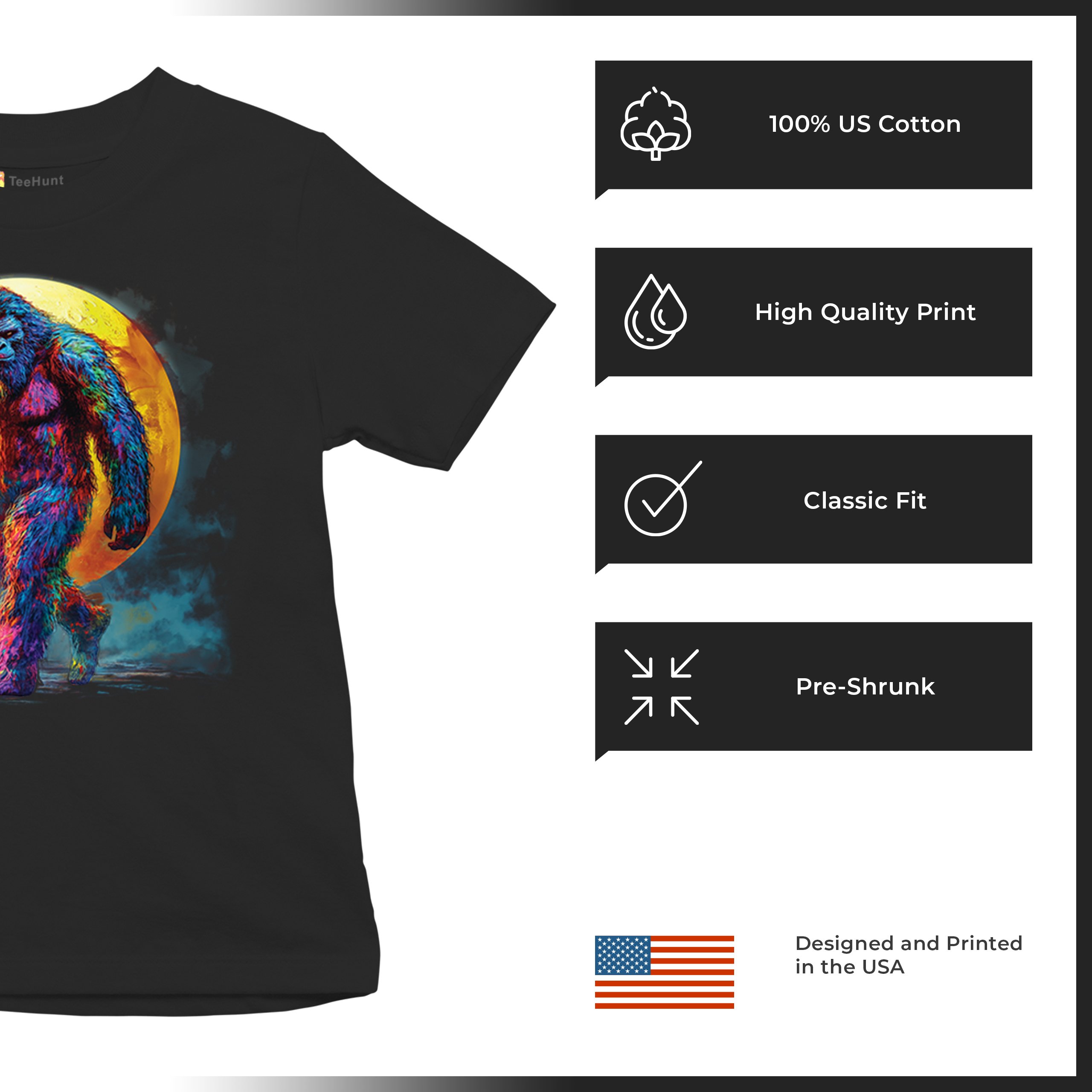 Full Moon Bigfoot Youth T-shirt Hiking Sasquatch Hide and Seek Champ Kids - Picture 7 of 50