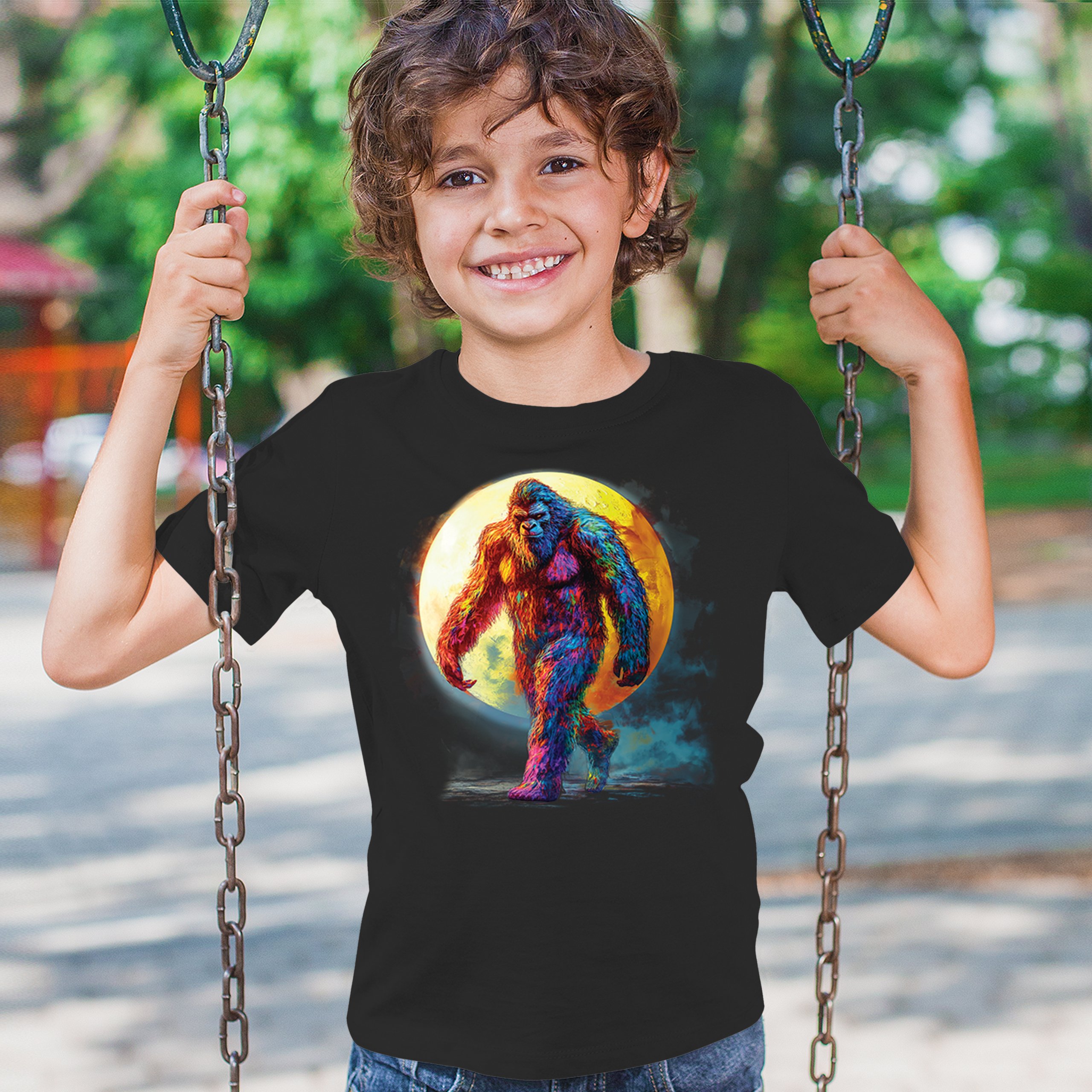 Full Moon Bigfoot Youth T-shirt Hiking Sasquatch Hide and Seek Champ Kids - Picture 5 of 50
