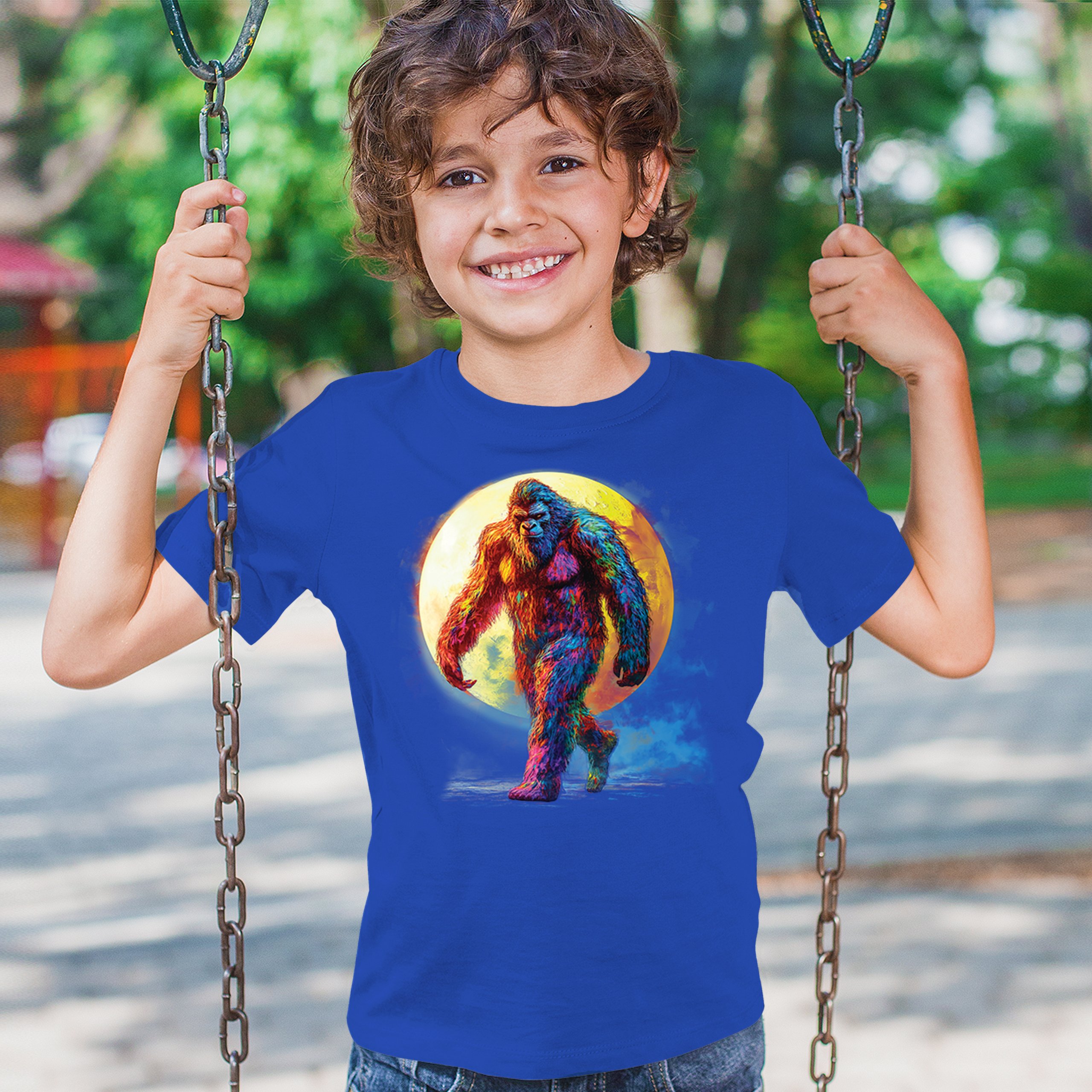 Full Moon Bigfoot Youth T-shirt Hiking Sasquatch Hide and Seek Champ Kids - Picture 40 of 50