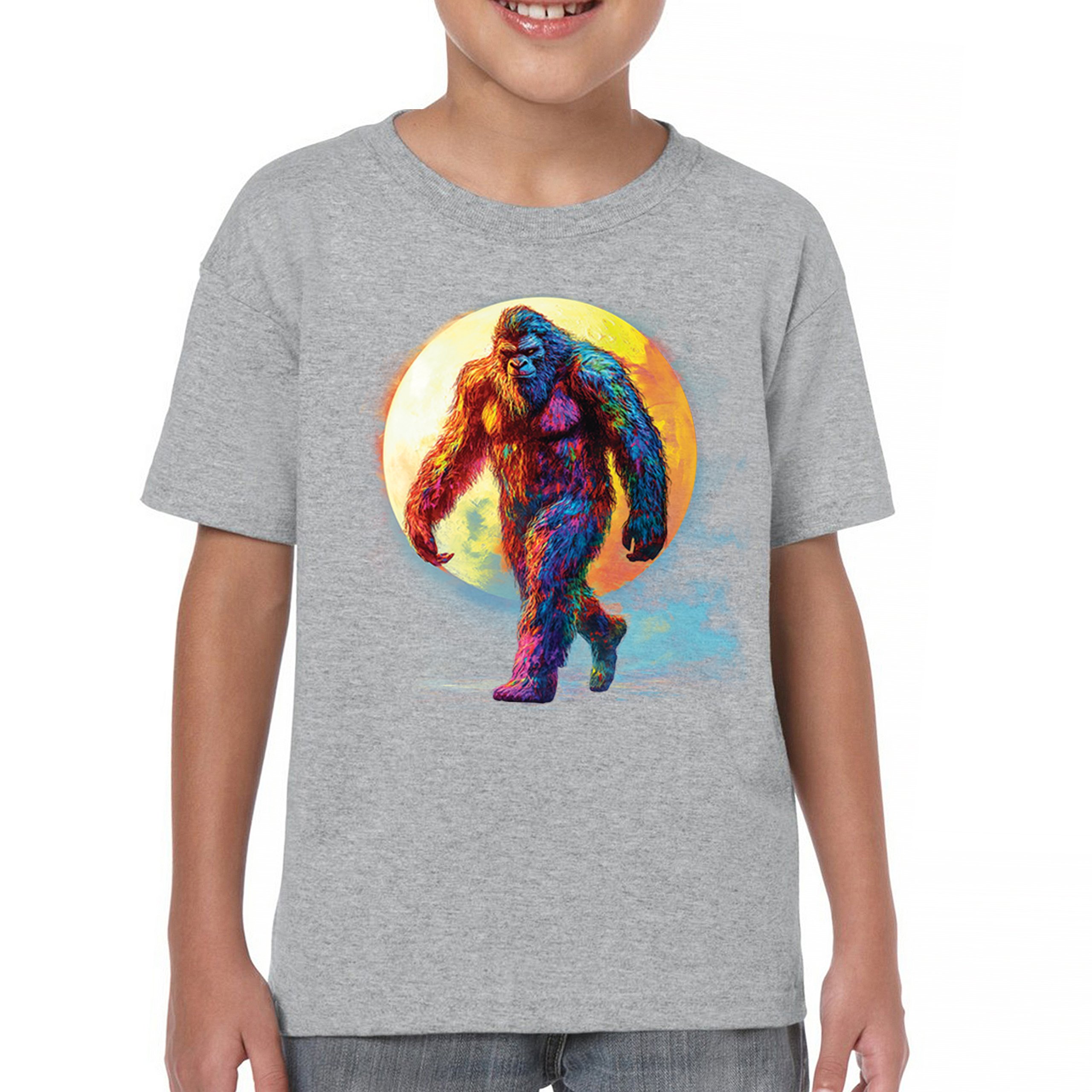 Full Moon Bigfoot Youth T-shirt Hiking Sasquatch Hide and Seek Champ Kids - Picture 9 of 50