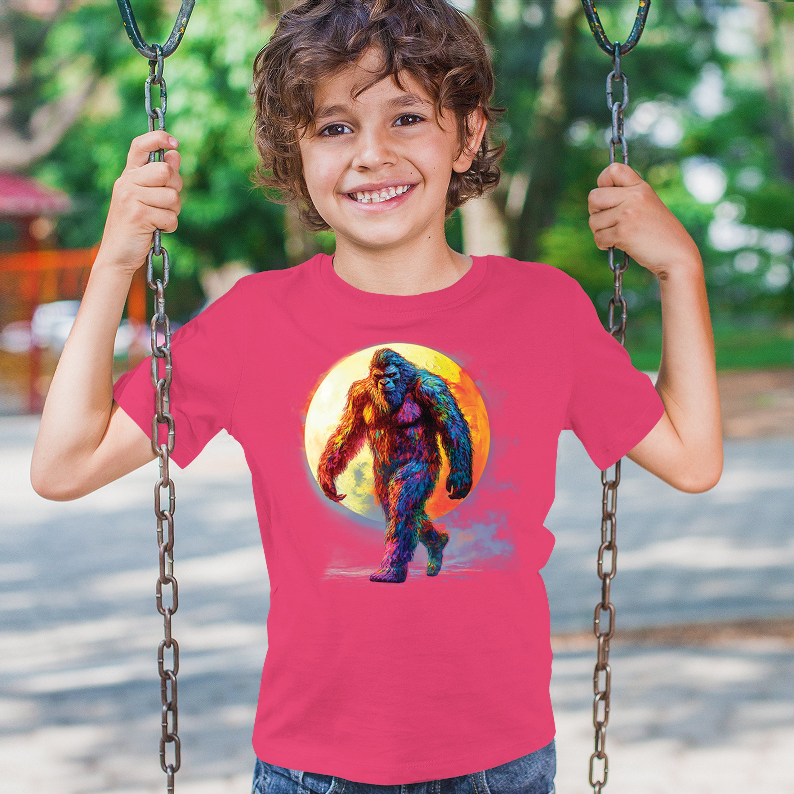 Full Moon Bigfoot Youth T-shirt Hiking Sasquatch Hide and Seek Champ Kids - Picture 47 of 50