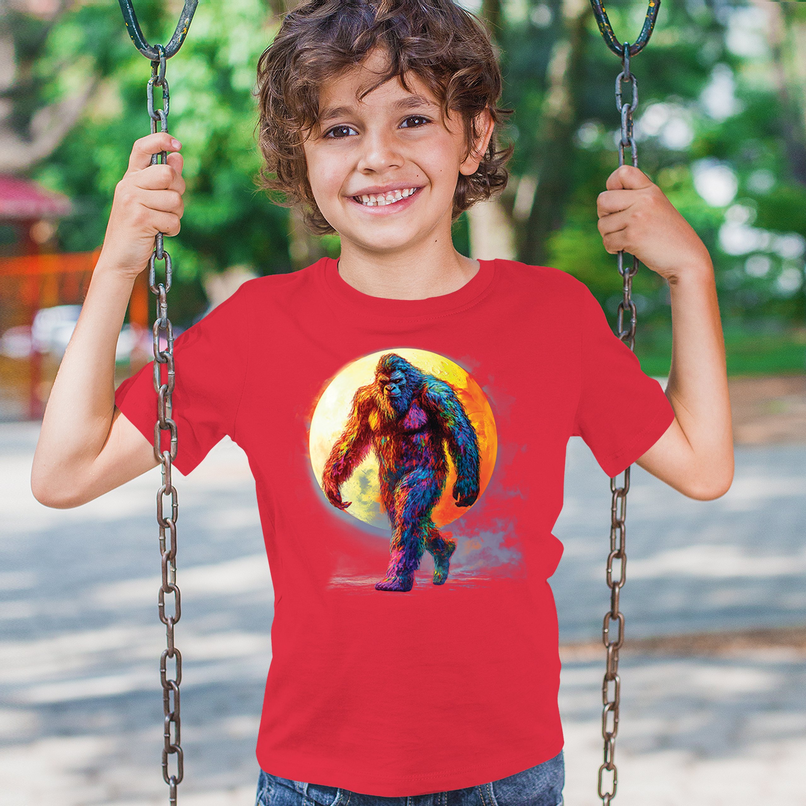Full Moon Bigfoot Youth T-shirt Hiking Sasquatch Hide and Seek Champ Kids - Picture 19 of 50