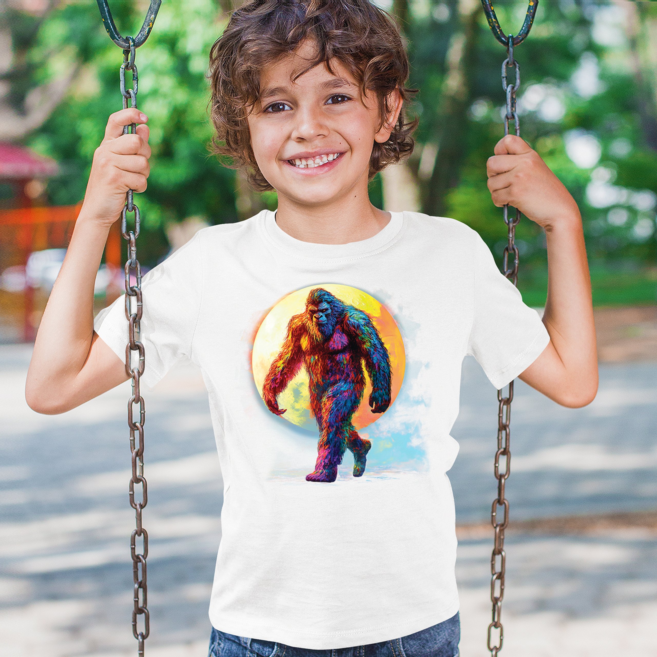 Full Moon Bigfoot Youth T-shirt Hiking Sasquatch Hide and Seek Champ Kids - Picture 26 of 50