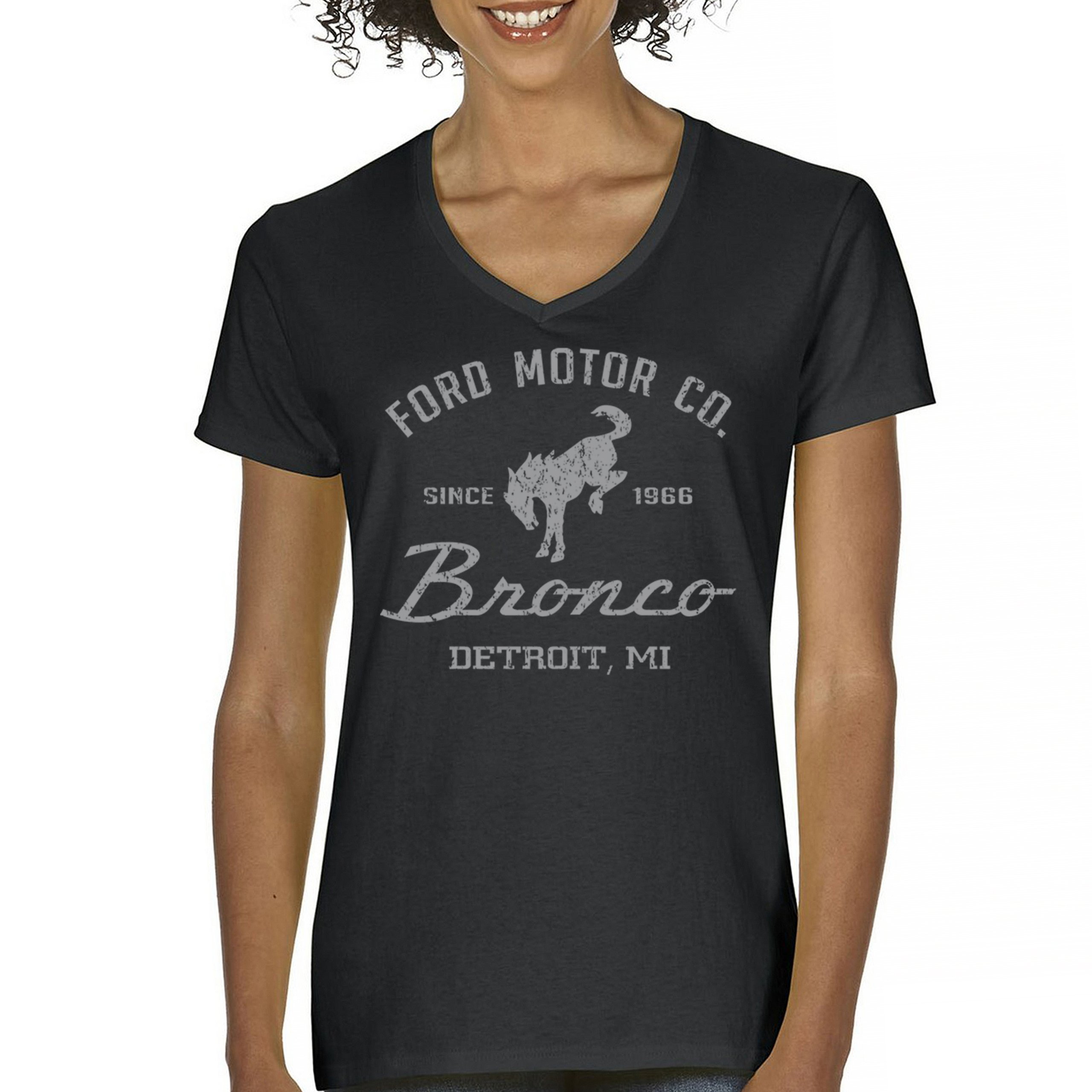 Ford Motor Co Bronco Detroit MI Women’s V-Neck T-shirt Retro Truck 1966 Tee