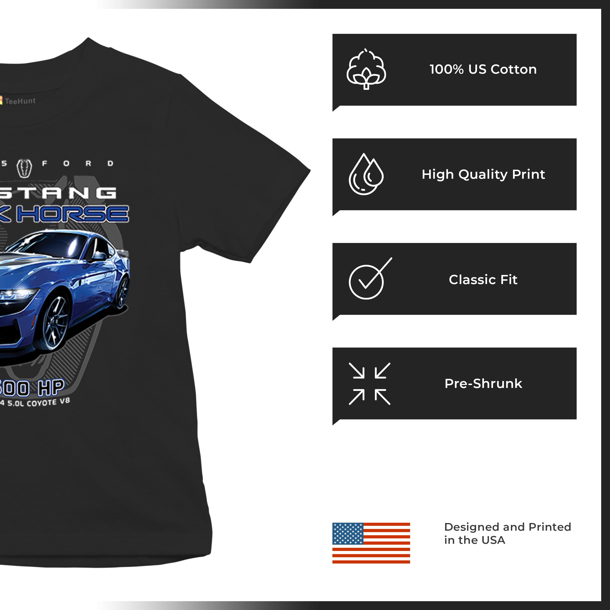 25 Ford Mustang Dark Horse Youth T-shirt 500 HP American Muscle Car V8 GT Kids - Picture 7 of 36