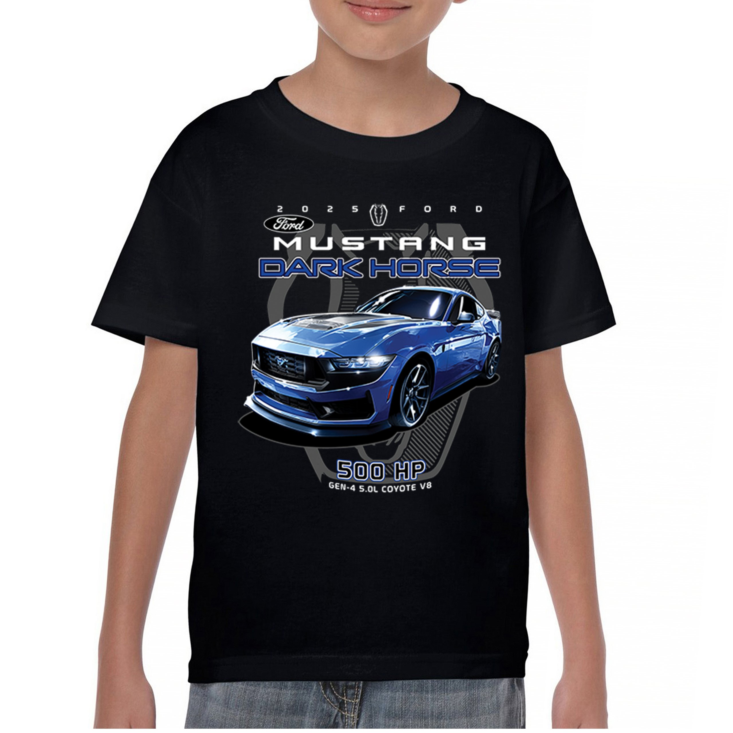 25 Ford Mustang Dark Horse Youth T-shirt 500 HP American Muscle Car V8 GT Kids - Picture 2 of 36