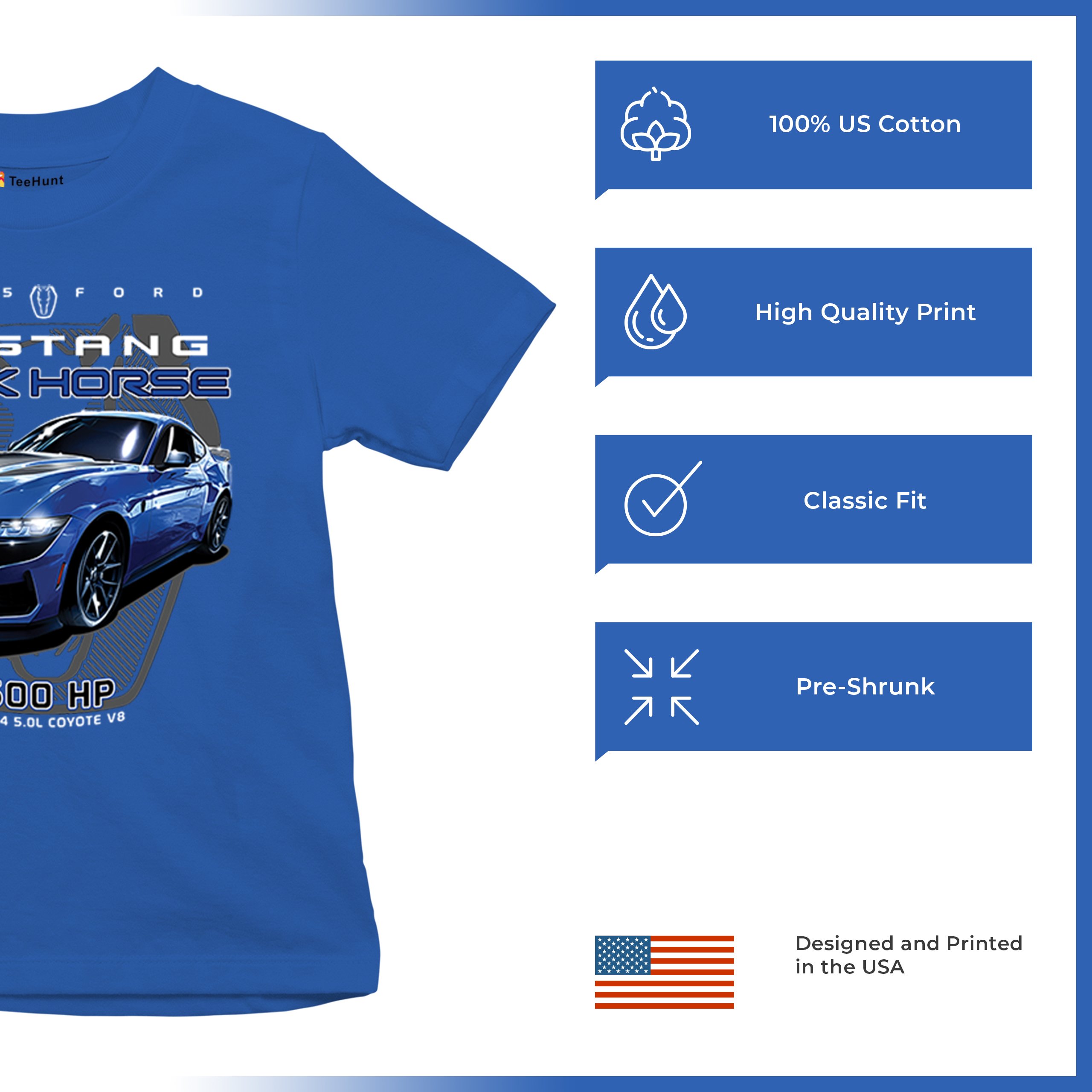 25 Ford Mustang Dark Horse Youth T-shirt 500 HP American Muscle Car V8 GT Kids - Picture 28 of 36