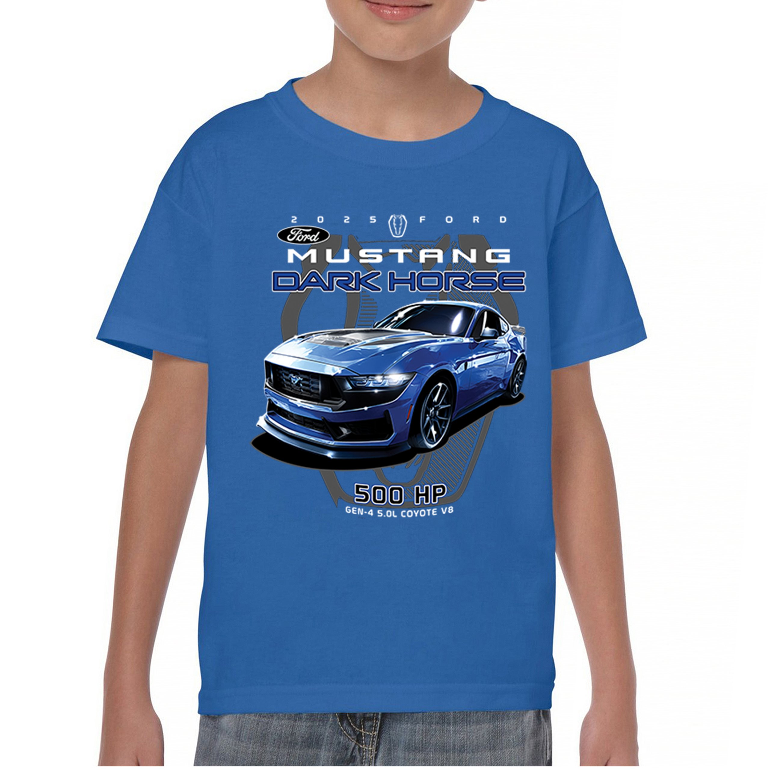 25 Ford Mustang Dark Horse Youth T-shirt 500 HP American Muscle Car V8 GT Kids - Picture 23 of 36