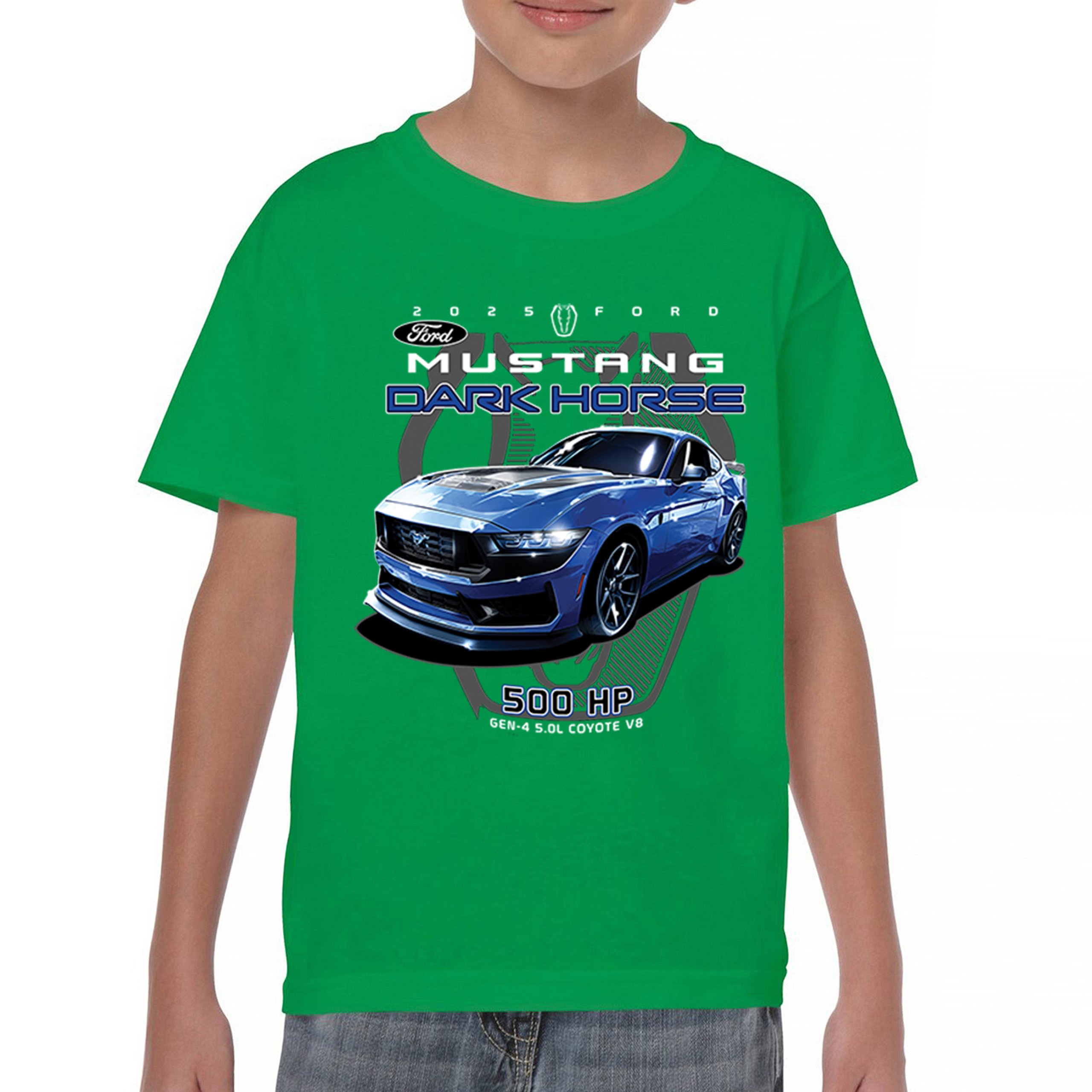 25 Ford Mustang Dark Horse Youth T-shirt 500 HP American Muscle Car V8 GT Kids - Picture 16 of 36